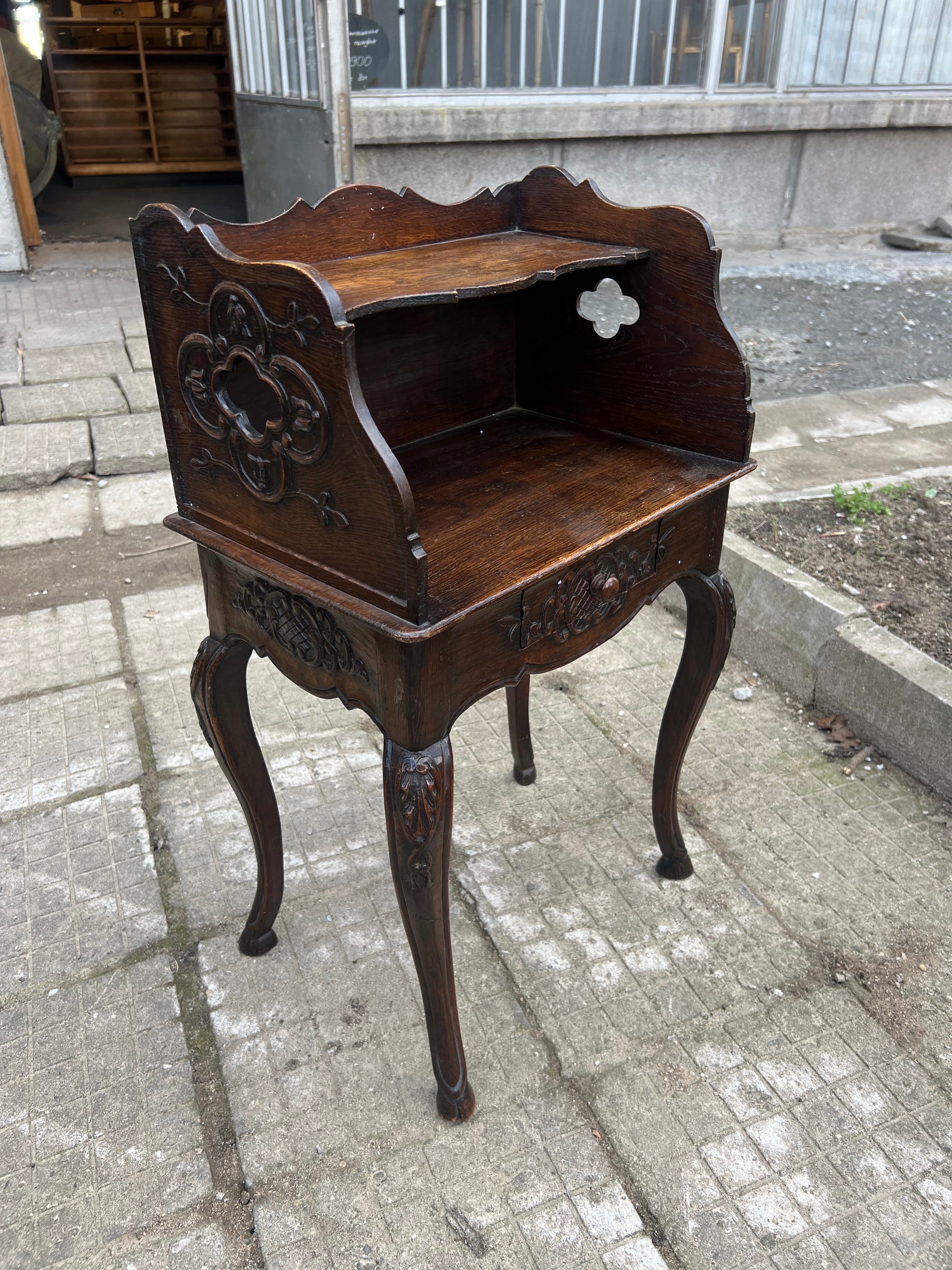 19th Century French Provincial Style Hand Carved Oak Night Stand For Sale 4