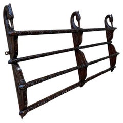 Antique 19th Century French Provincial Wall Plate Rack Carved Dark Oak Swan Bird