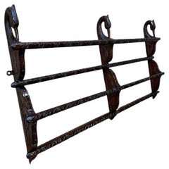 19th Century French Provincial Wall Plate Rack Carved Dark Oak Swan Bird