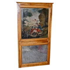 19th Century French Provincial Walnut Trumeau Mirror with Painting