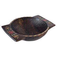19th Century French Provincial Wooden Bowl Hand-Painted Floral Motifs