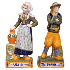 19th Century French Quimper Faience Perrik and Anaik Breton Figures