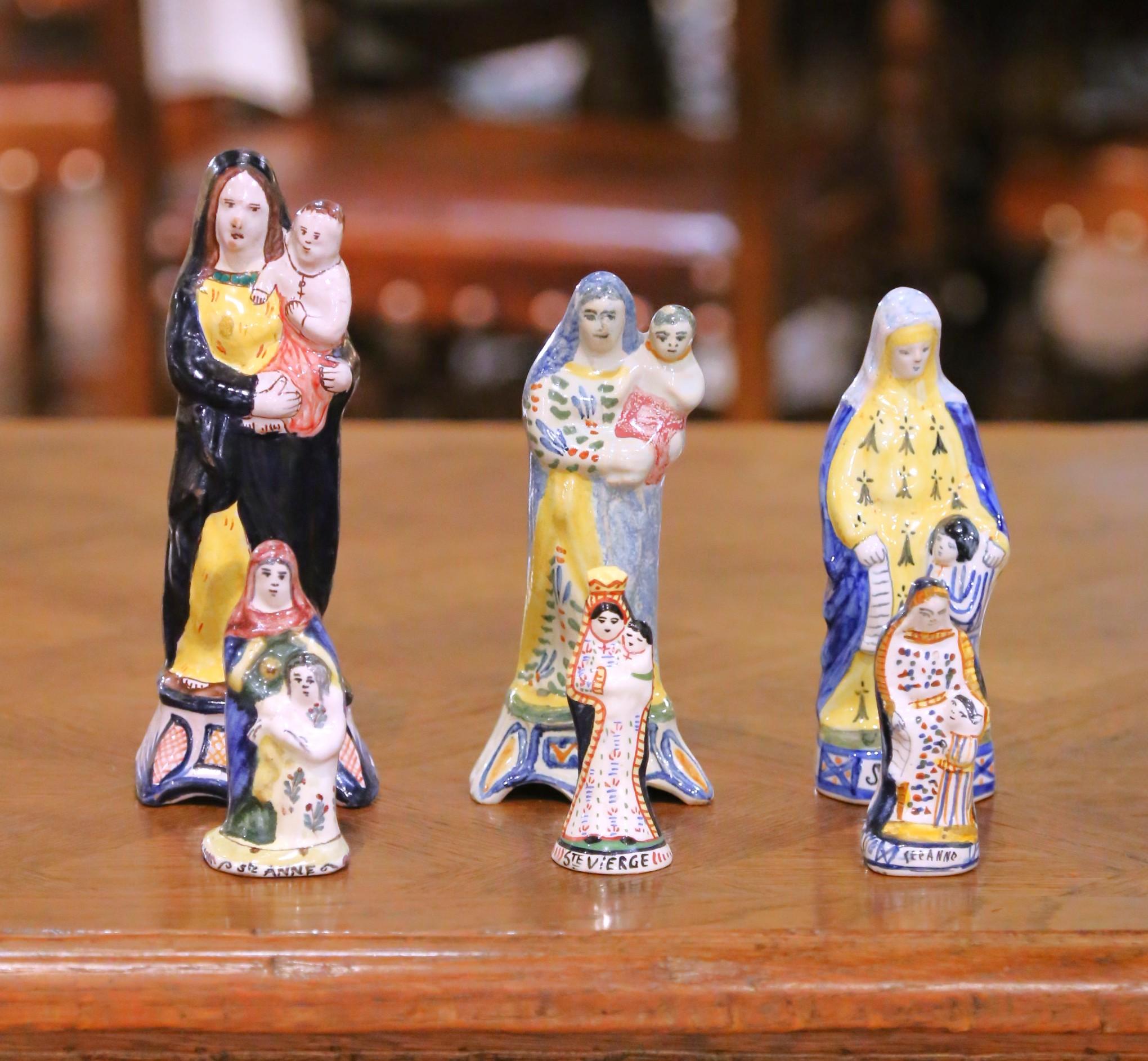 19th Century French Quimper Faience Virgin Mary and St. Anne Figures, Set of Six Francés en venta