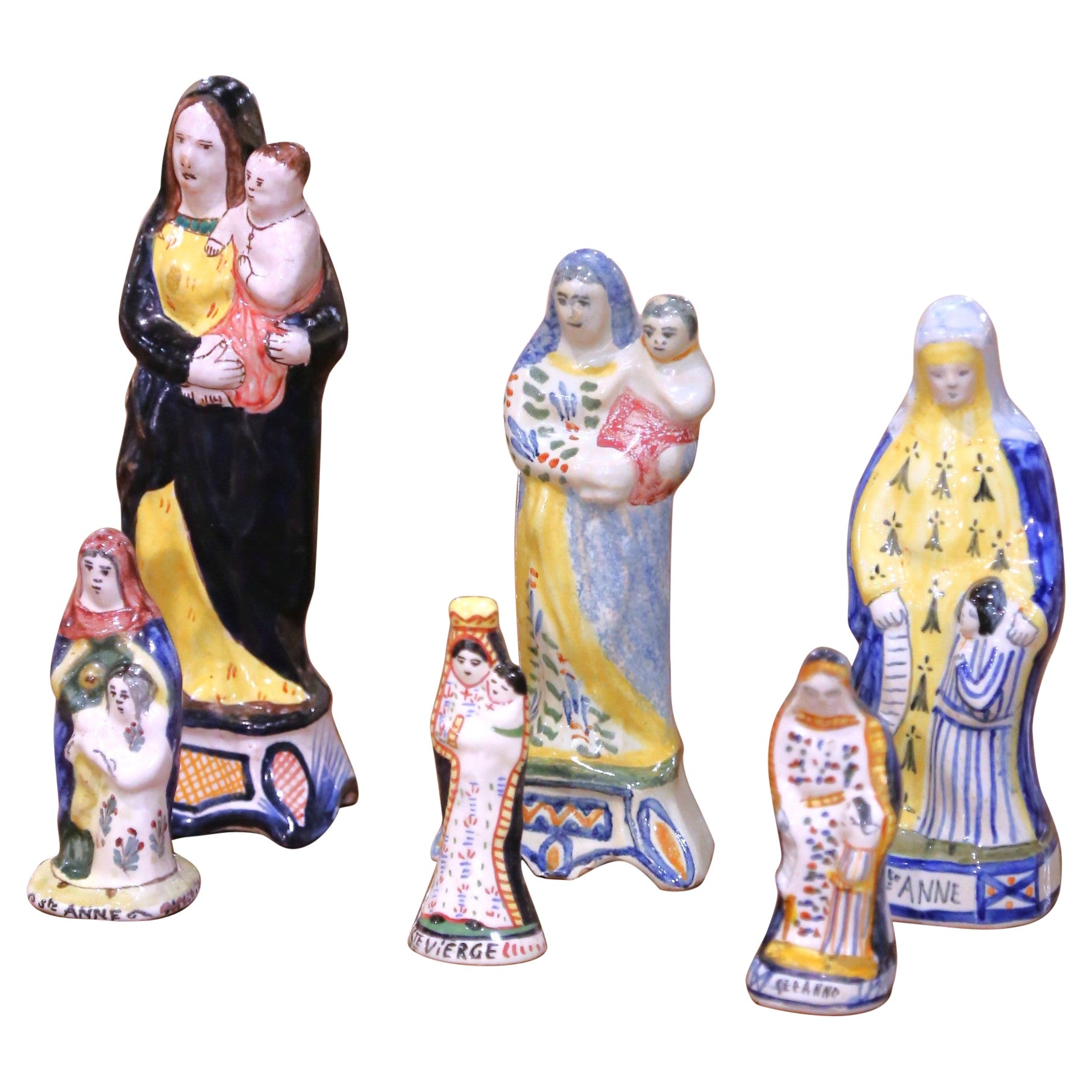19th Century French Quimper Faience Virgin Mary and St. Anne Figures, Set of Six en venta