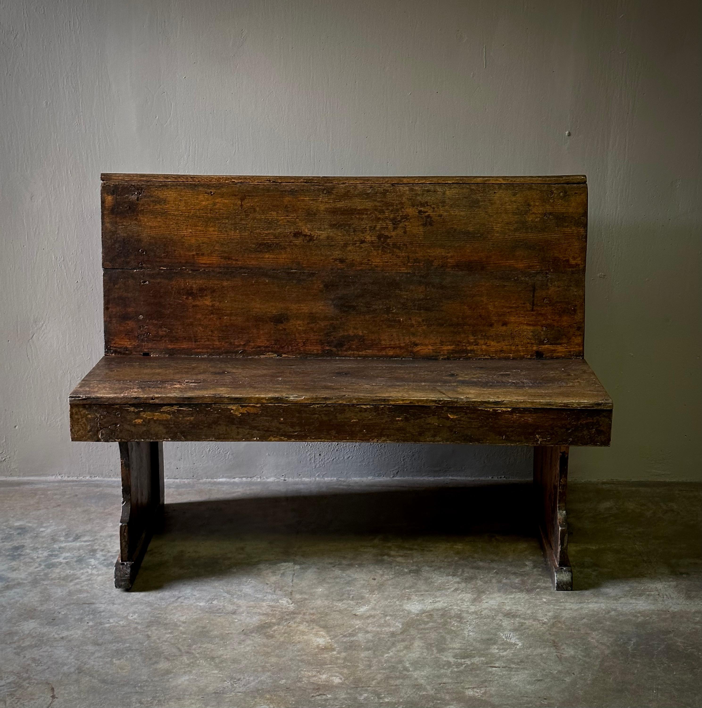 Late 19th century wooden passenger bench from French railway station. Exceptional for its patina and strong, simple proportions, this would make an excellent hallway or entry space piece. Suitable for indoor and semi-outdoor spaces alike.

France,