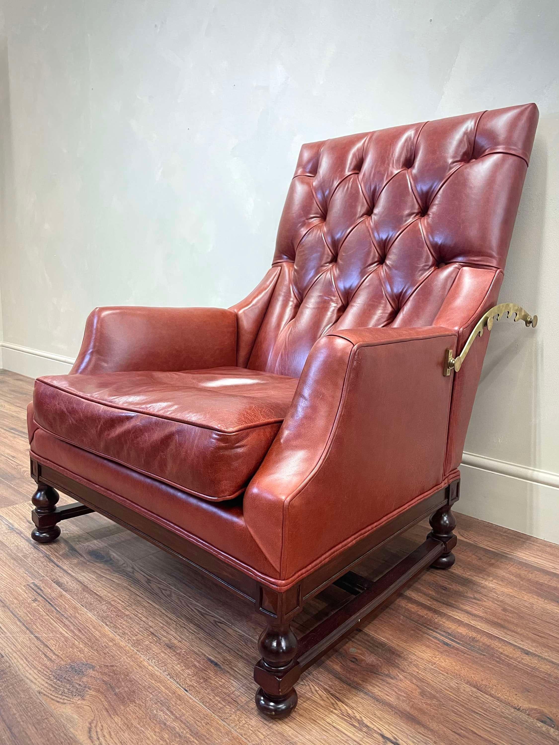 Beautiful, wide scale French 19th century reclining chair.
Upholstered traditionally in Italian Leather.
Original brass side rails allow the chair to recline into 4 positions.
Mahogany legs and stretcher restored and polished .
Feather seat