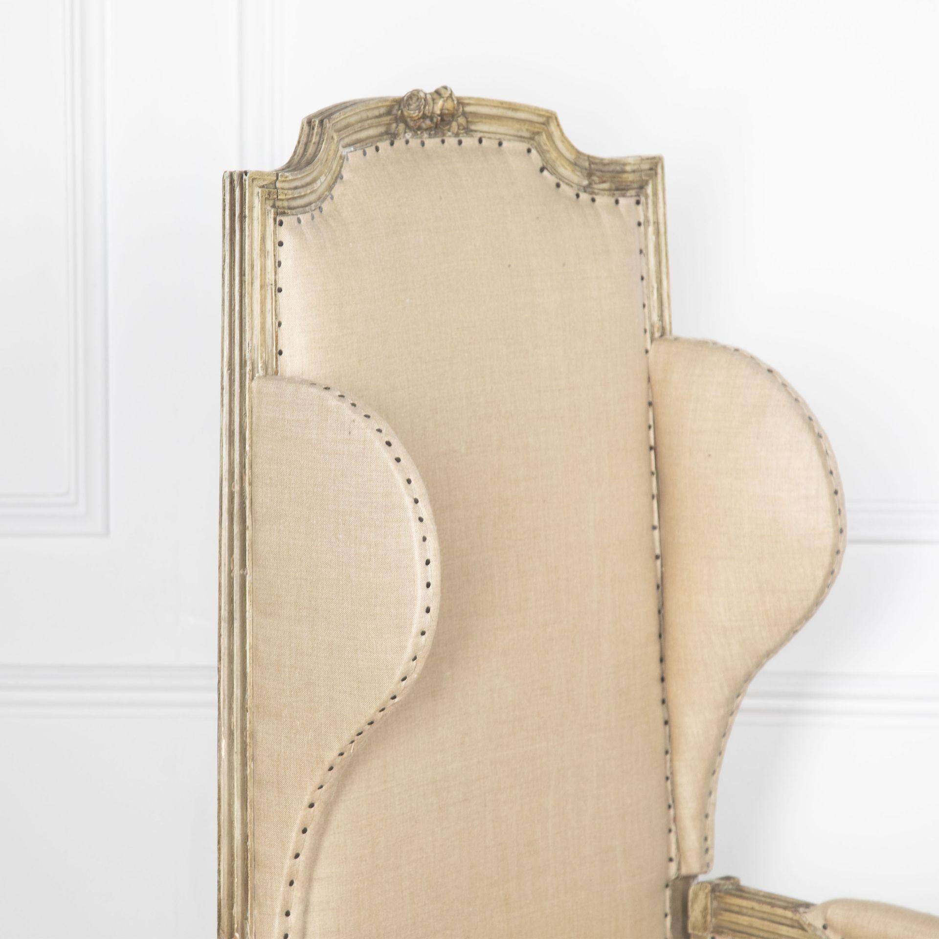 Linen 19th Century French Reclining Wing Chair For Sale