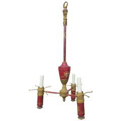 19th Century French Red and Gold Painted Urn Three-Arm Metal Chandelier