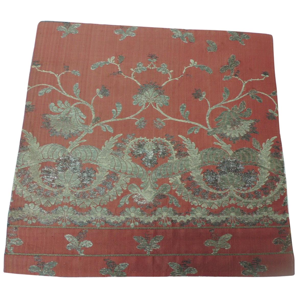 French Red and Silver Silk Embroidered Textile Panel