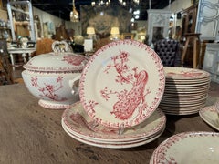 19th Century French Red and White Gien Porcelain Peacock Dinnerware, 32 Pieces
