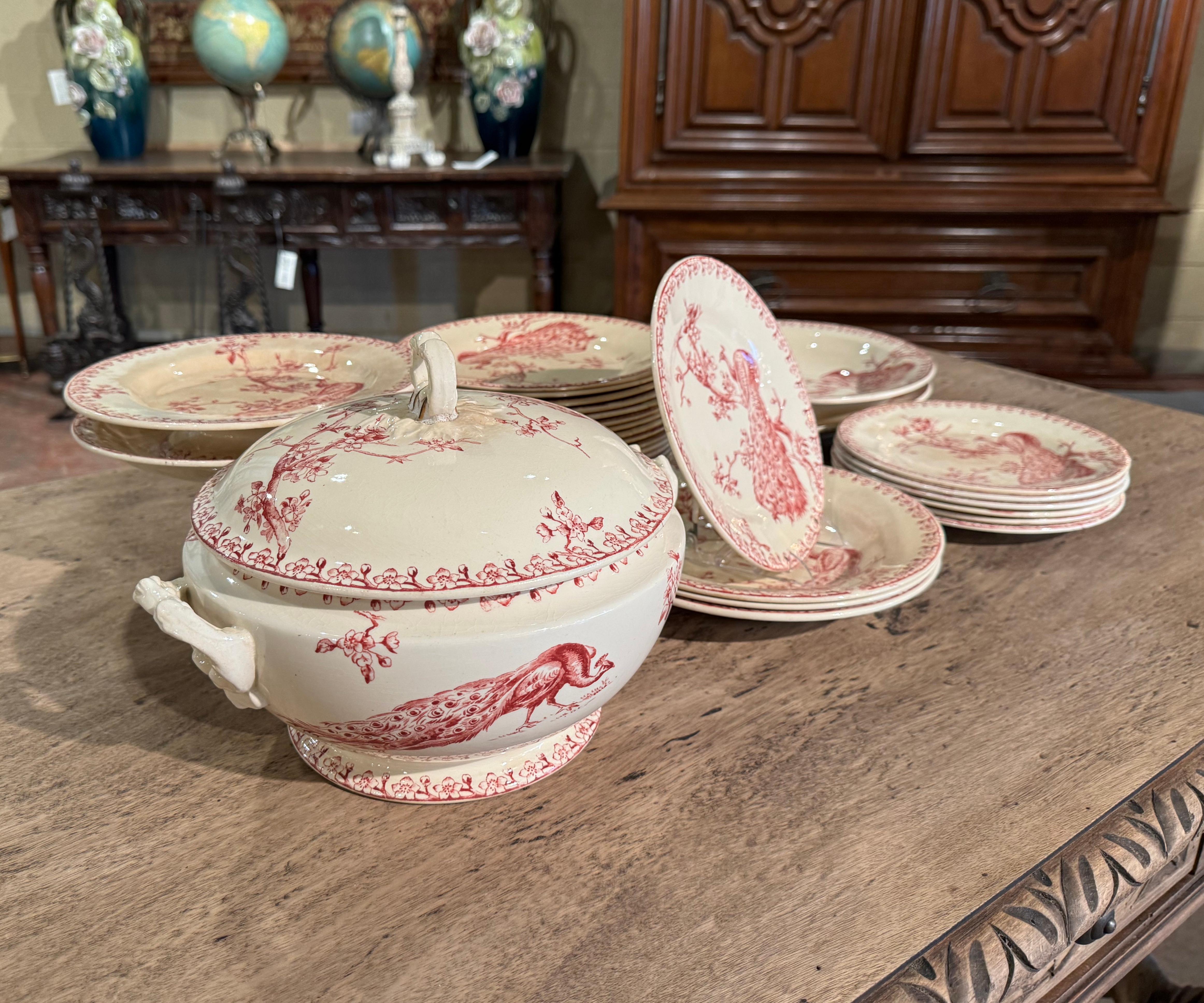 Hand-Painted 19th Century French Red and White Gien Porcelain Peacock Dinnerware, 32 Pieces For Sale