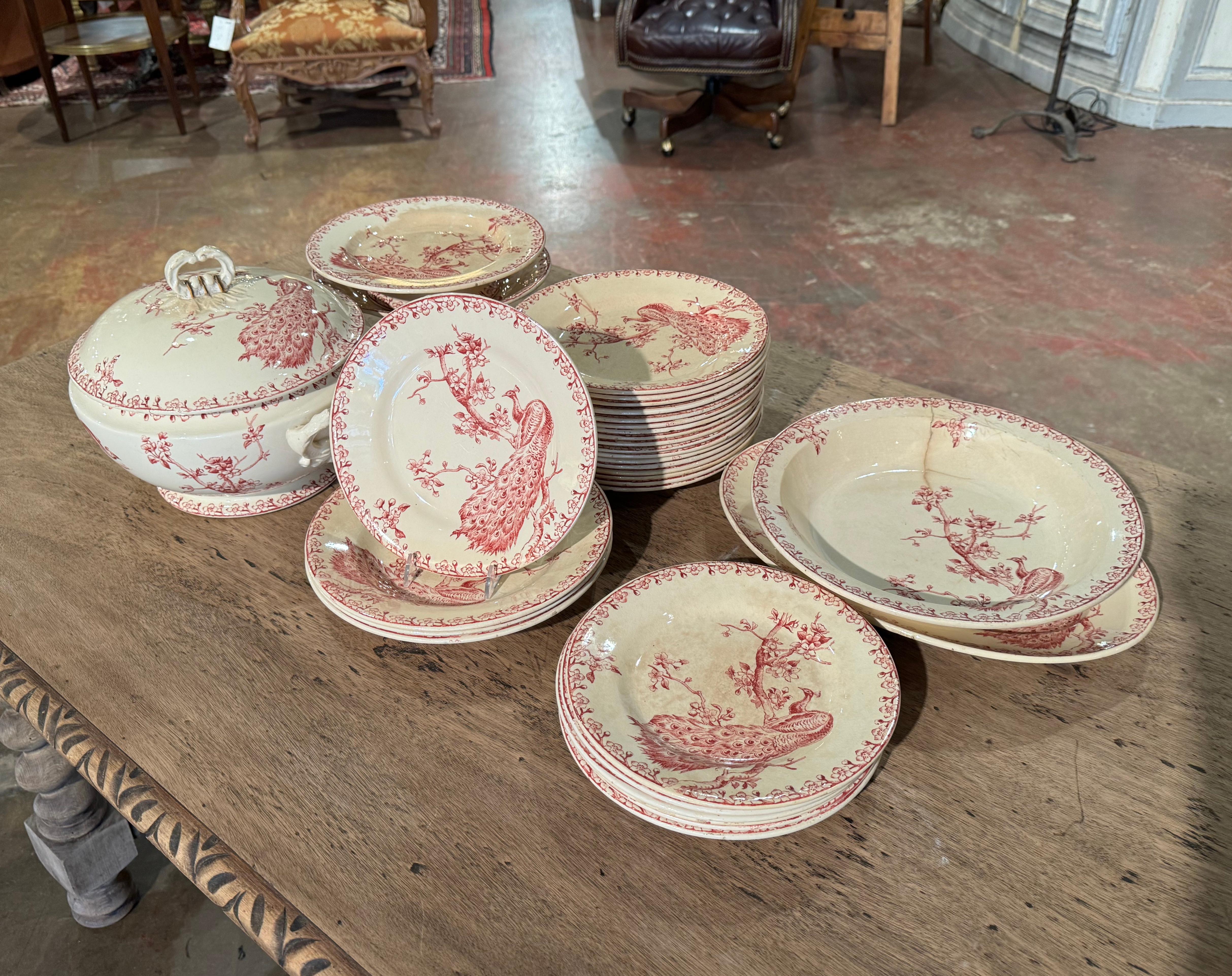 19th Century French Red and White Gien Porcelain Peacock Dinnerware, 32 Pieces For Sale 1