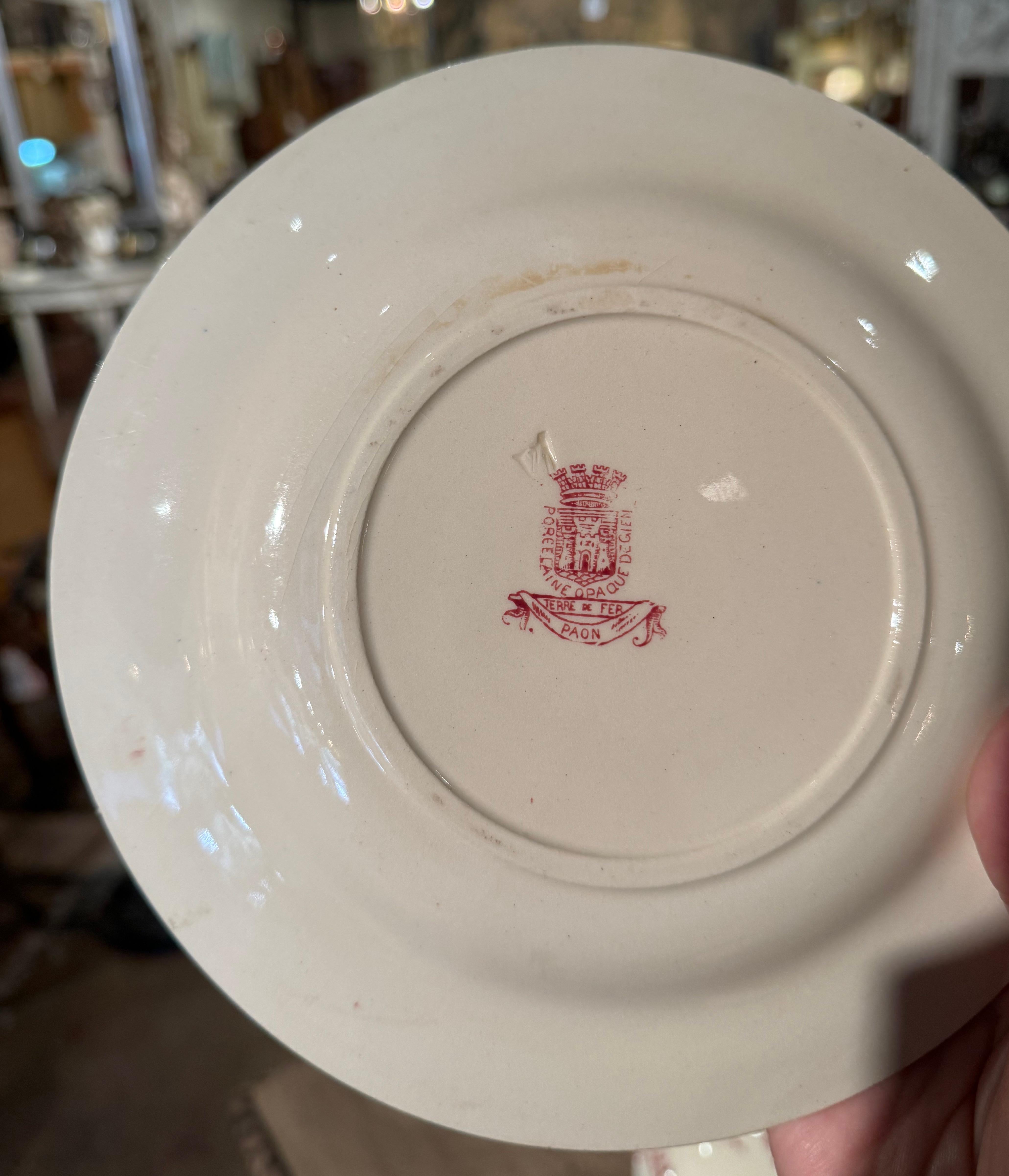 19th Century French Red and White Gien Porcelain Peacock Dinnerware, 32 Pieces For Sale 4