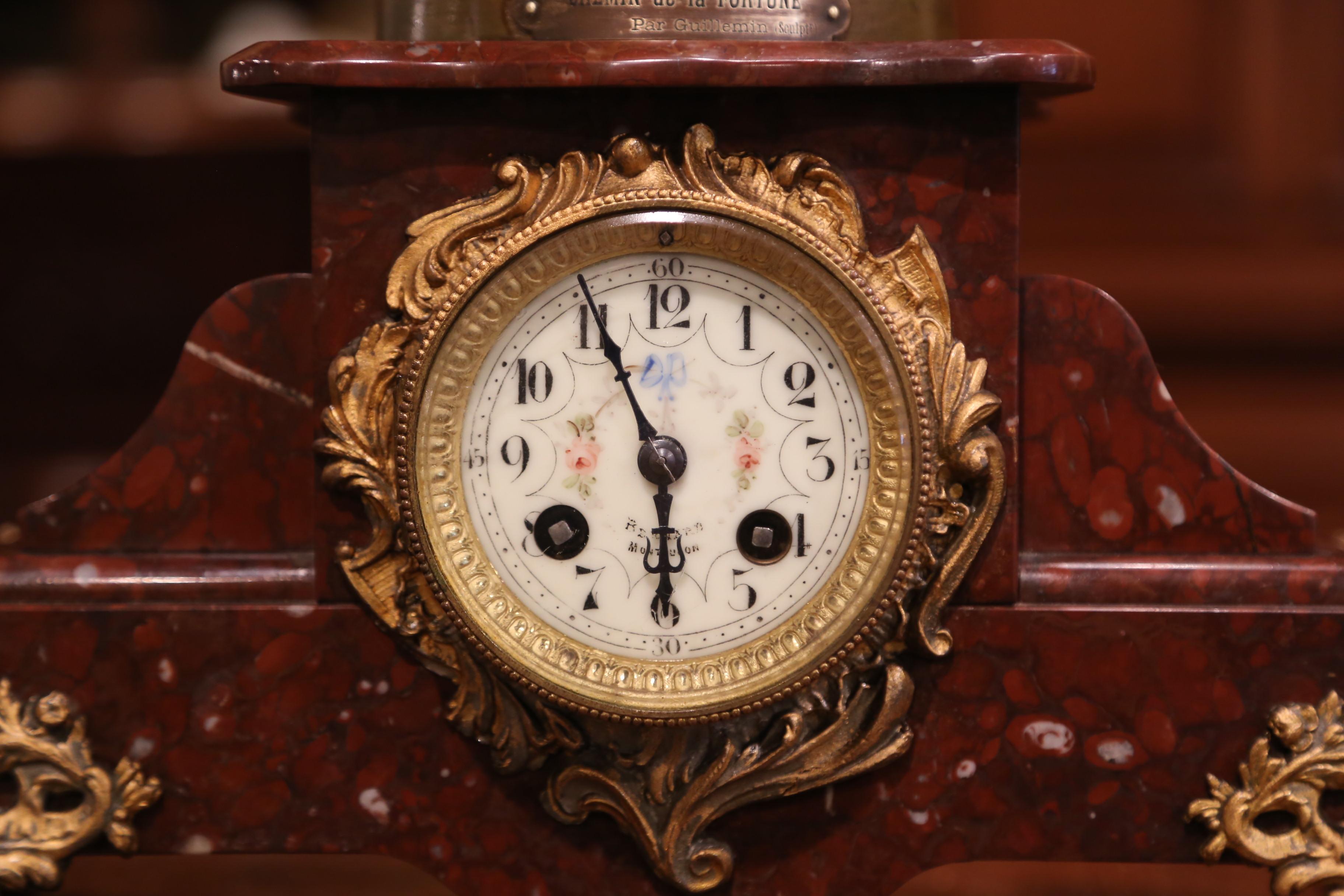 19th Century French Red Marble and Spelter Mantel Clock Signed E. Guillemin 4