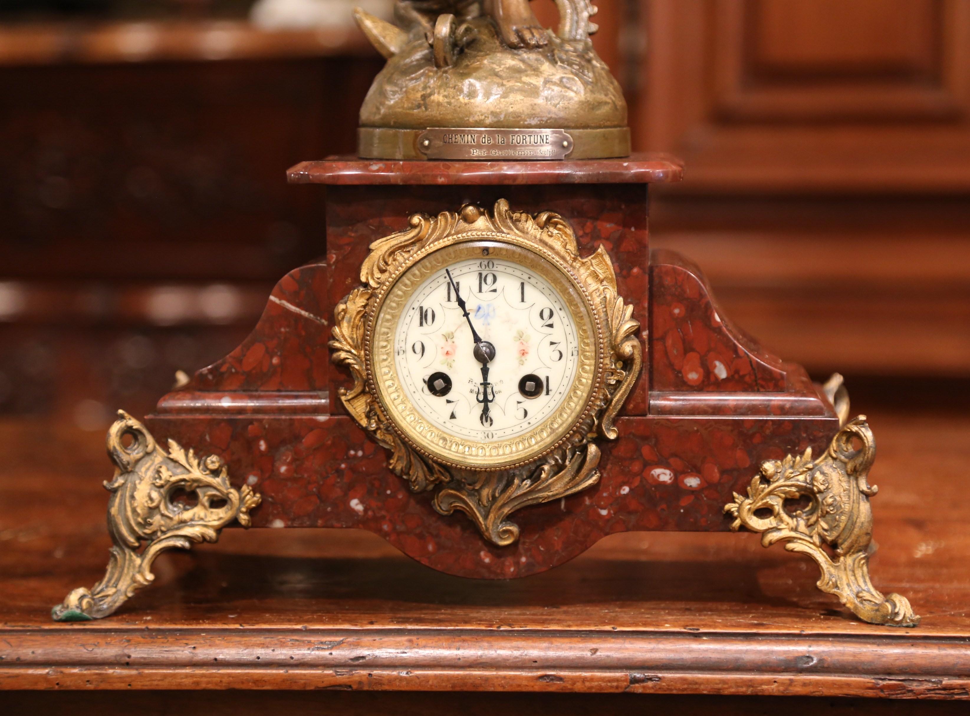 Belle Époque 19th Century French Red Marble and Spelter Mantel Clock Signed E. Guillemin