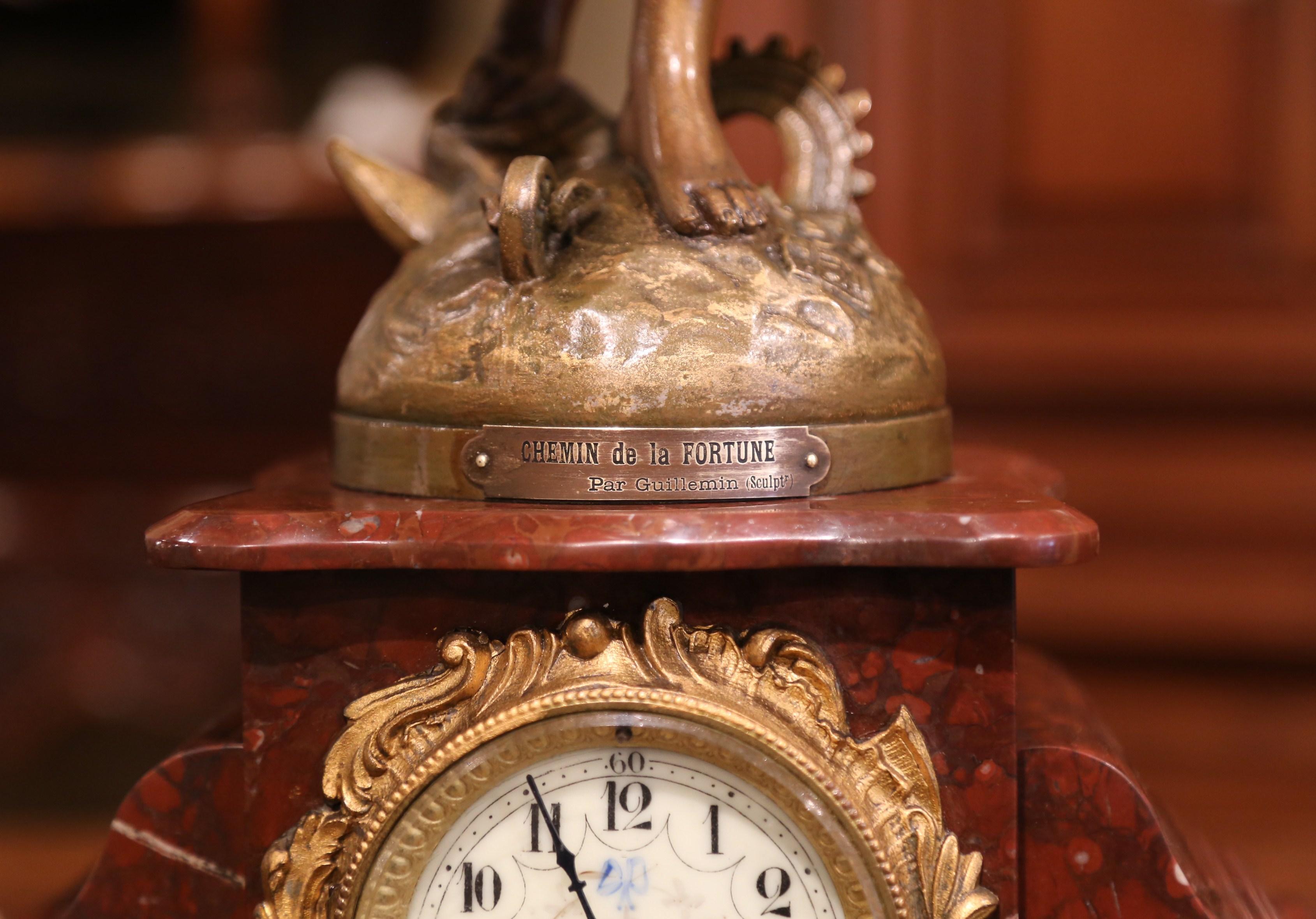 Hand-Crafted 19th Century French Red Marble and Spelter Mantel Clock Signed E. Guillemin