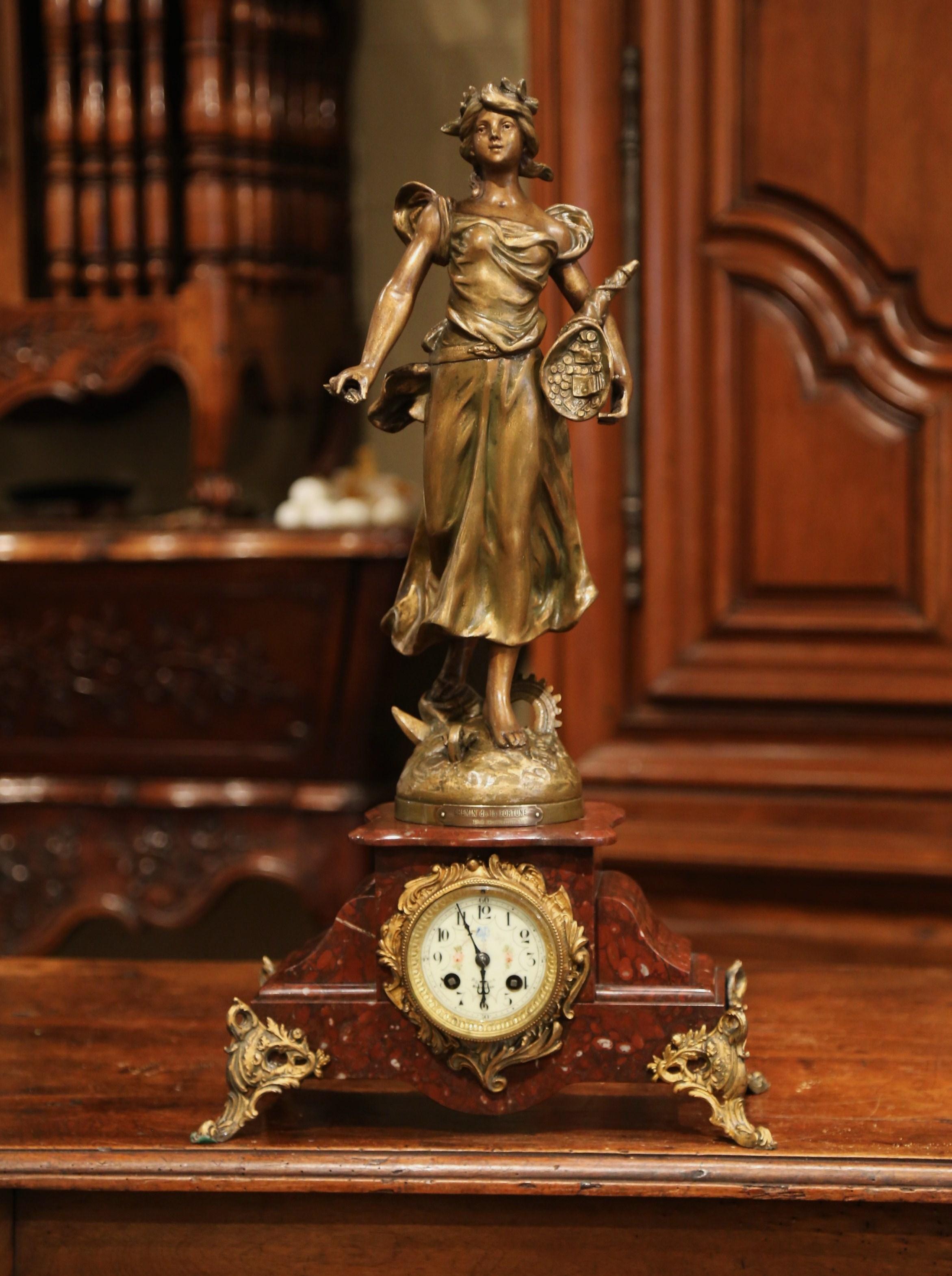 19th Century French Red Marble and Spelter Mantel Clock Signed E. Guillemin In Excellent Condition In Dallas, TX
