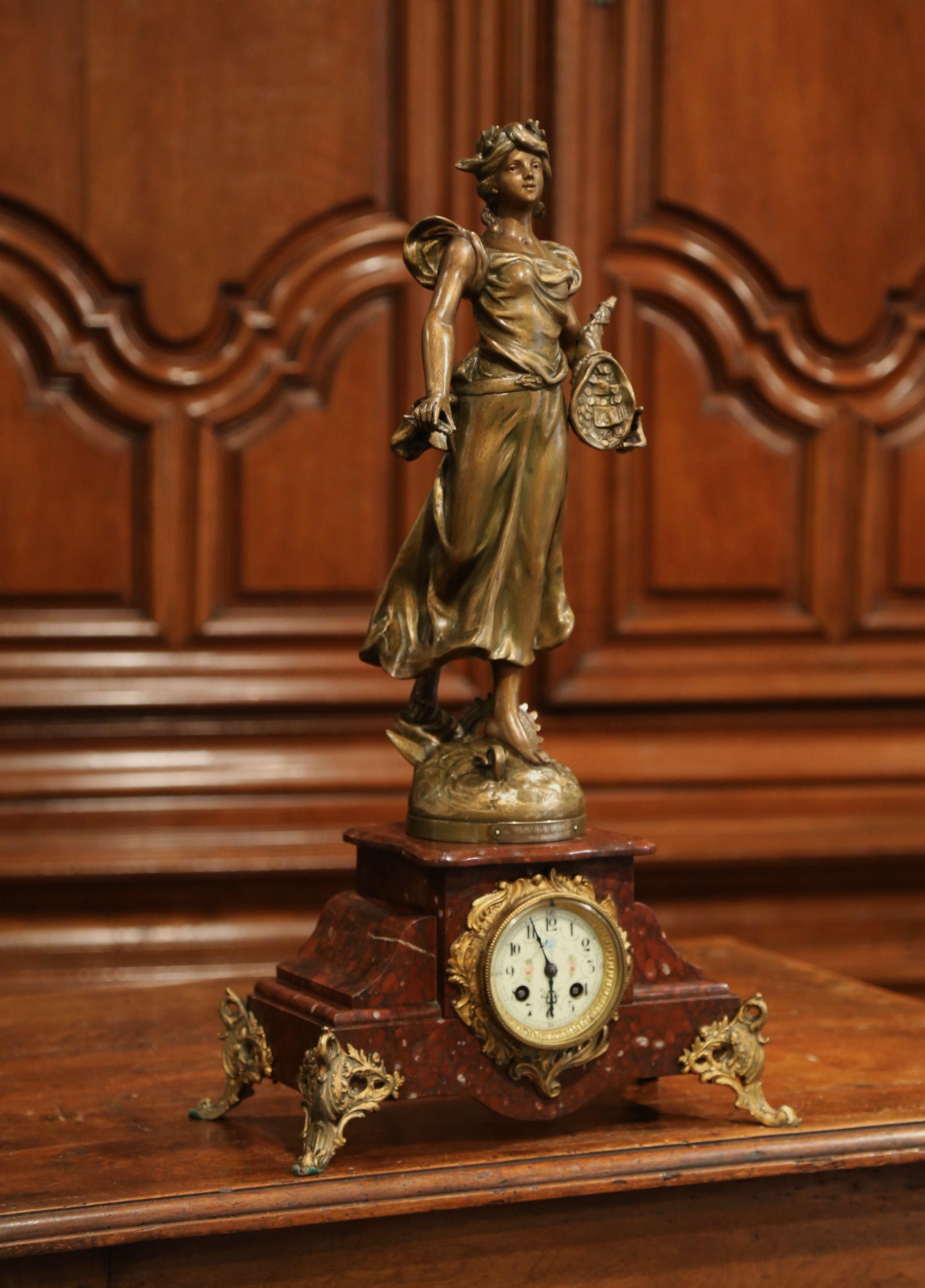 19th Century French Red Marble and Spelter Mantel Clock Signed E. Guillemin 3