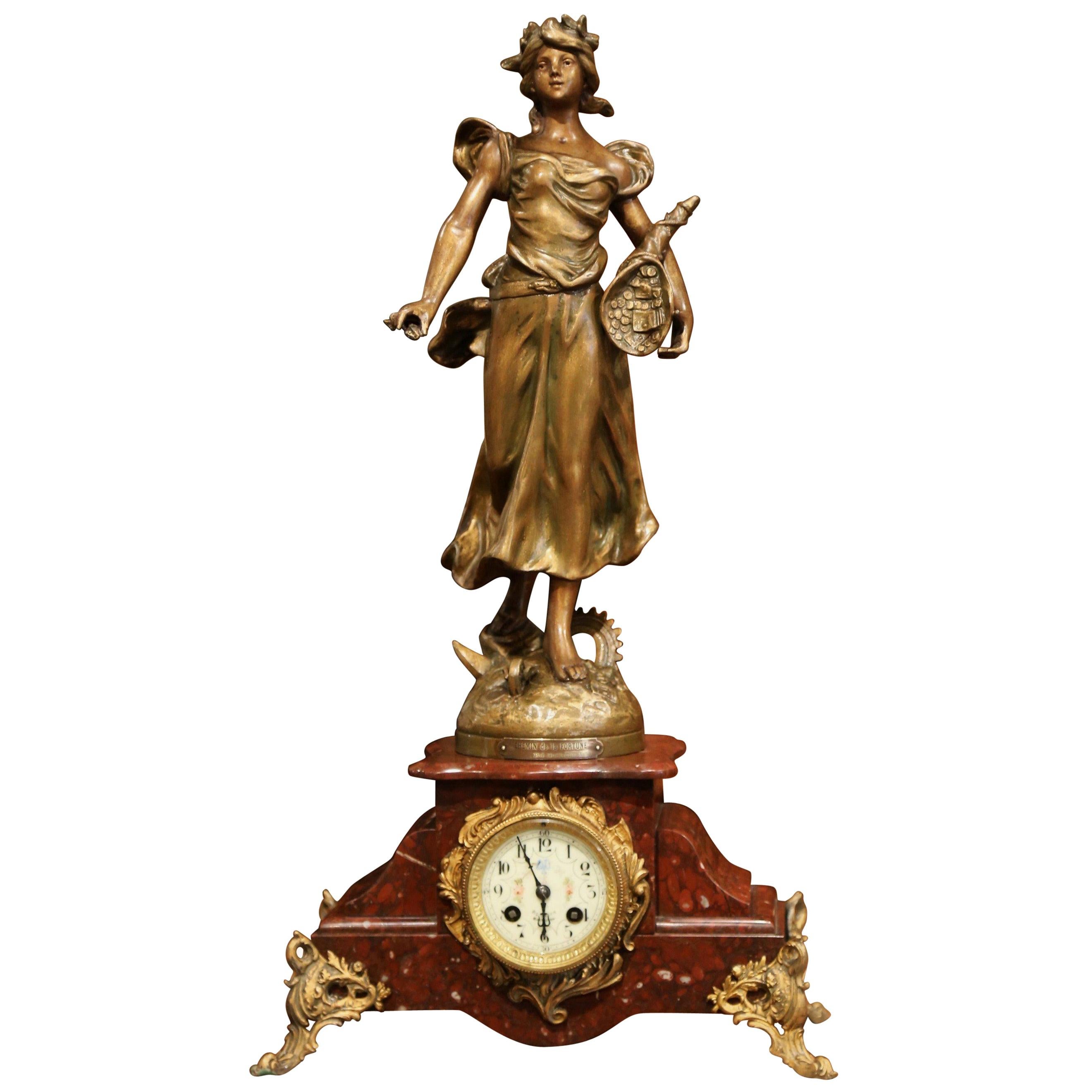 19th Century French Red Marble and Spelter Mantel Clock Signed E. Guillemin
