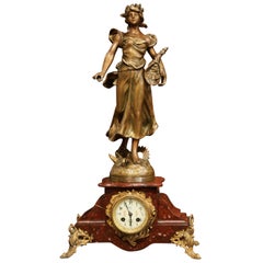 19th Century French Red Marble and Spelter Mantel Clock Signed E. Guillemin