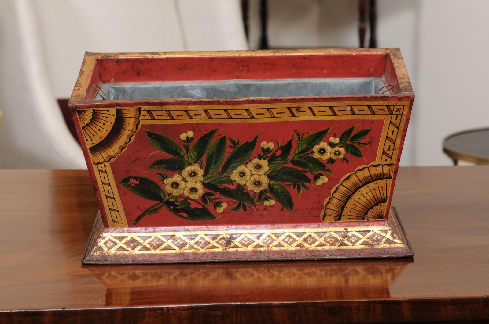 19th Century French Red Painted Tole Planter with Gilt Floral Decoration For Sale 6