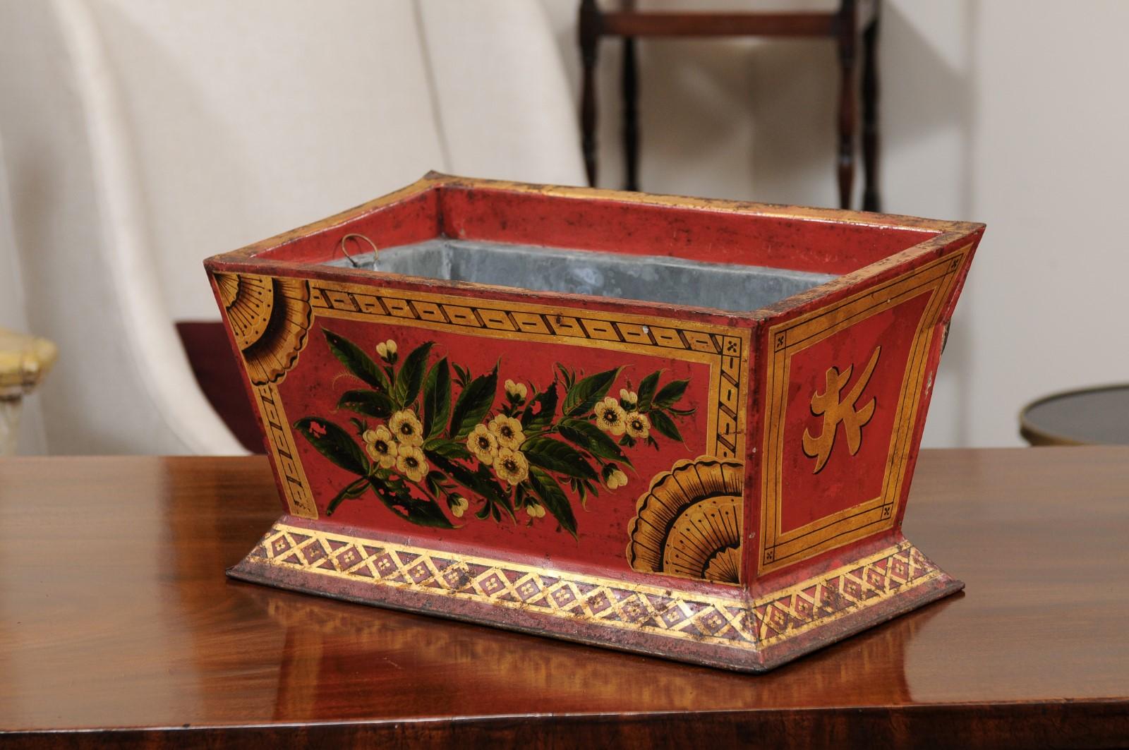 19th Century French Red Painted Tole Planter with Gilt Floral Decoration For Sale 4