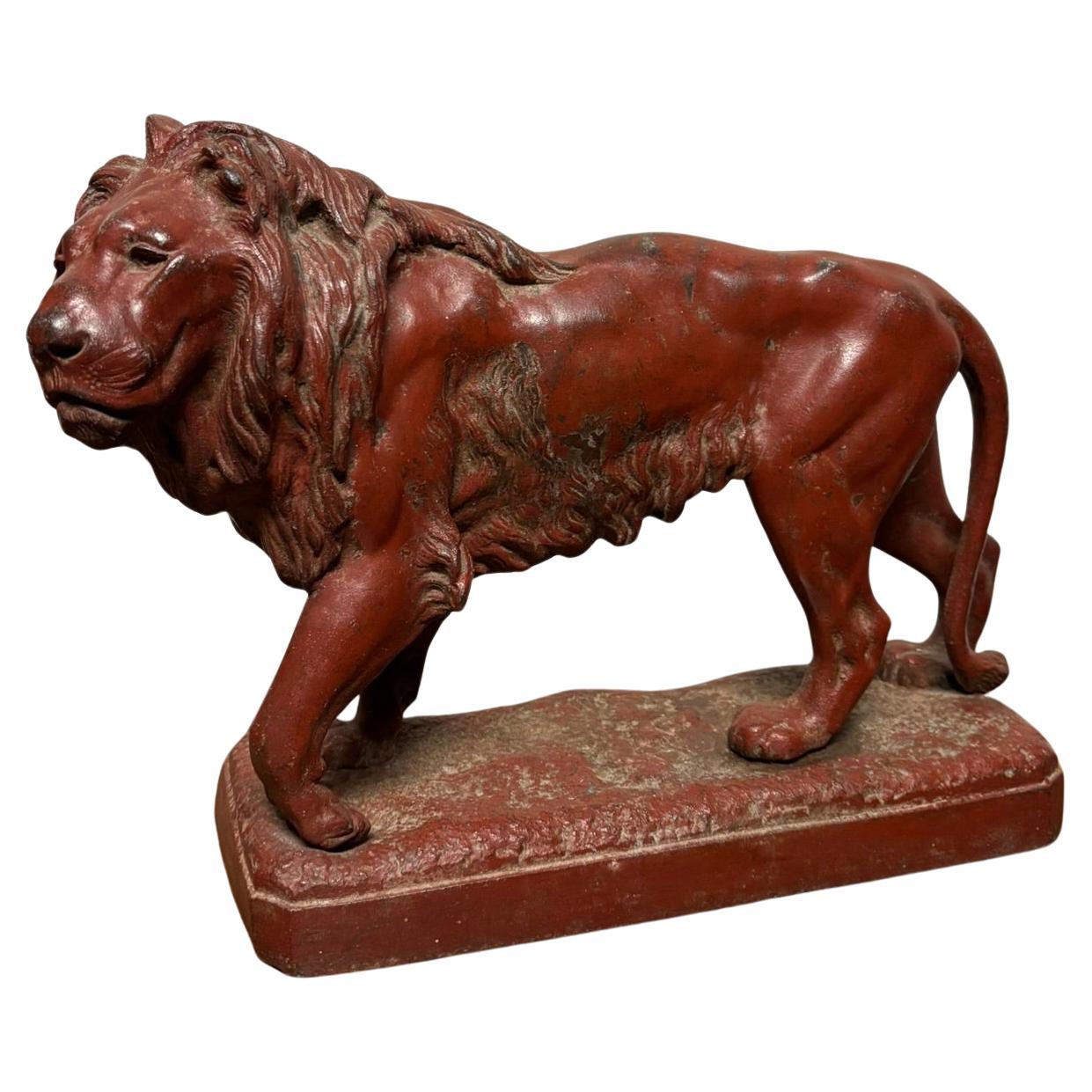 19th Century French Red Painted Zinc Striding Lion For Sale