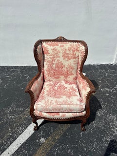 19th Century French Red White Toile Chippendale GIlt Wood Wingback Chair