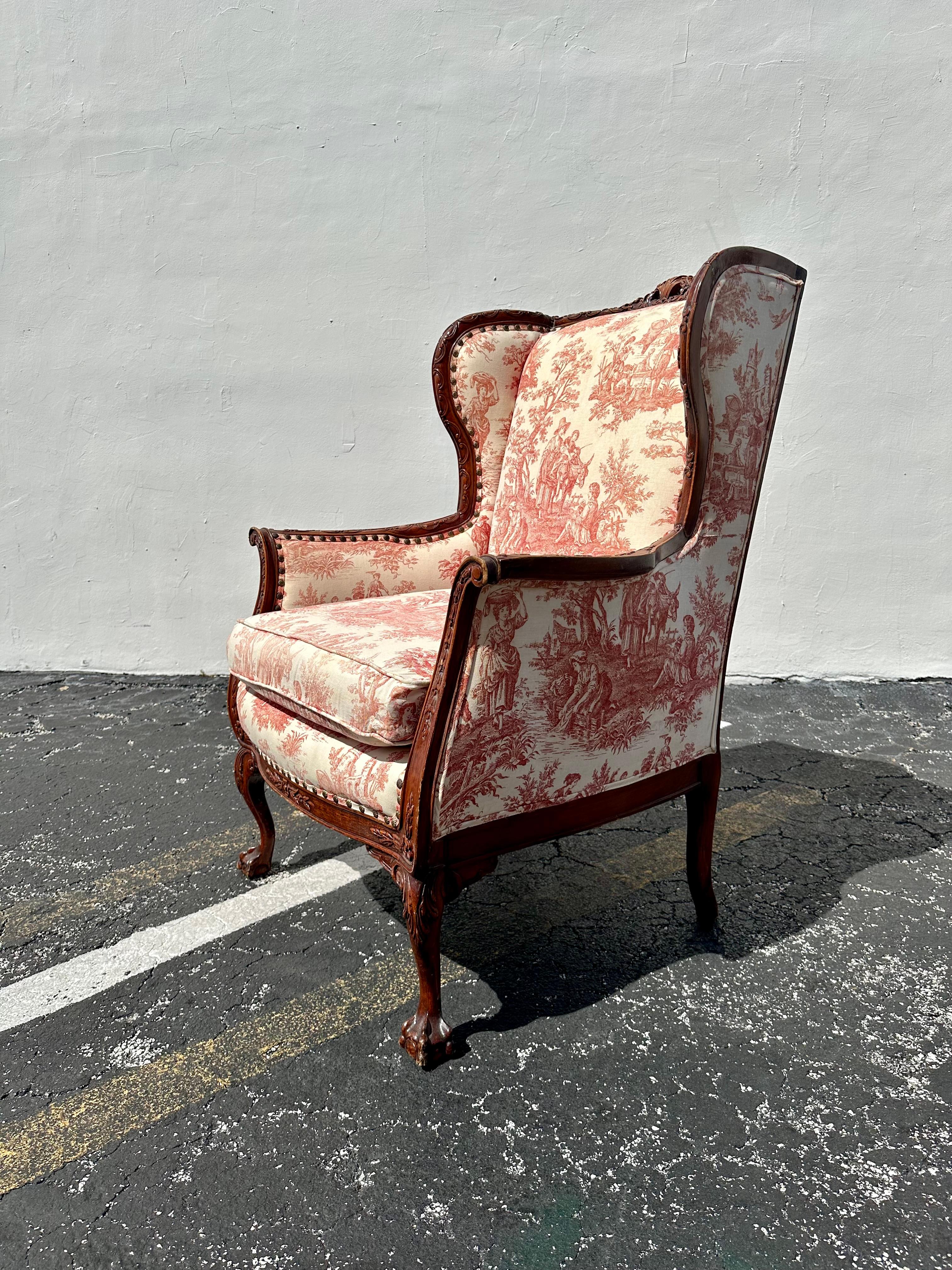 Upholstery 19th Century French Red White Toile Chippendale GIlt Wood Wingback Chair For Sale