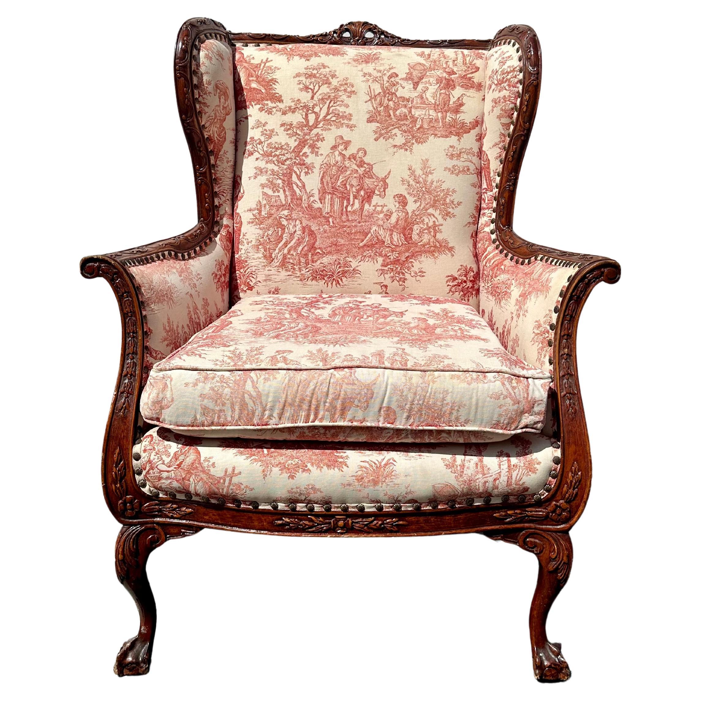 19th Century French Red White Toile Chippendale GIlt Wood Wingback Chair For Sale