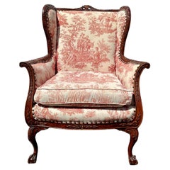 Antique 19th Century French Red White Toile Chippendale GIlt Wood Wingback Chair