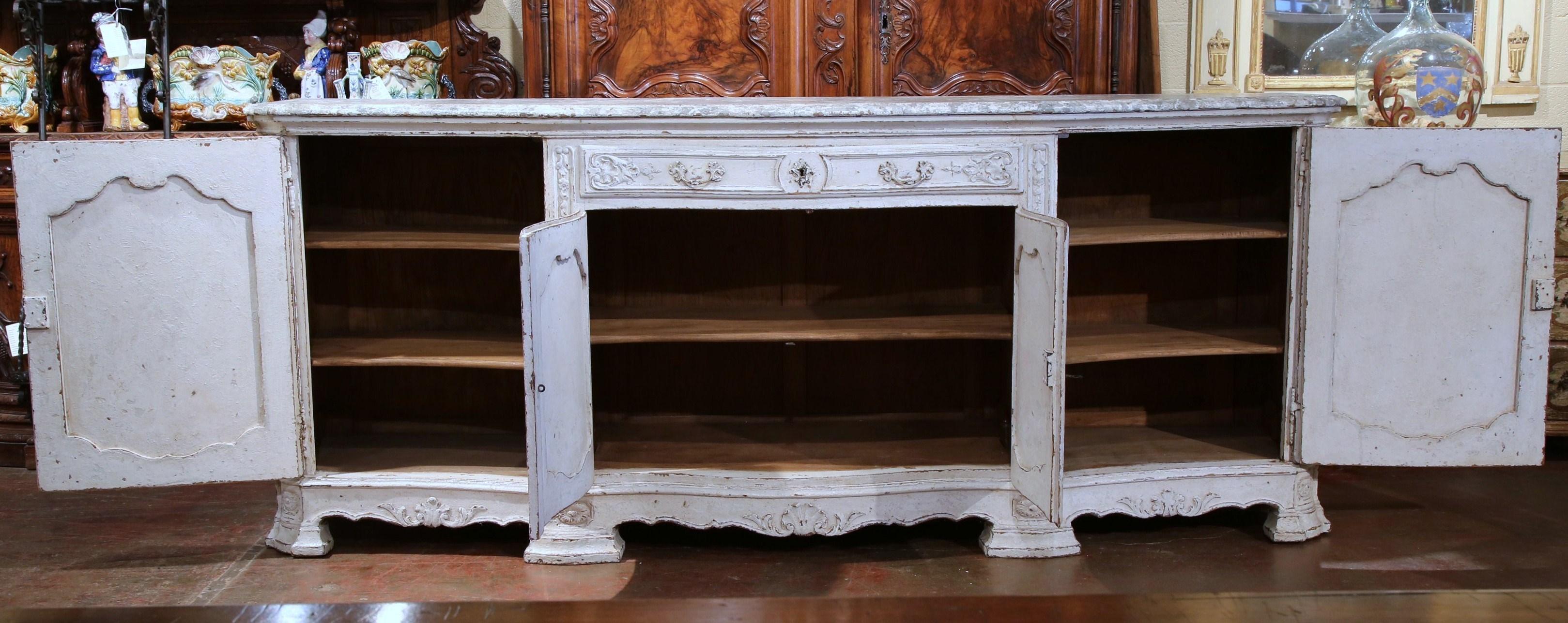 Regency 19th Century French Regence Carved Painted Four-Door Buffet with Faux Marble Top