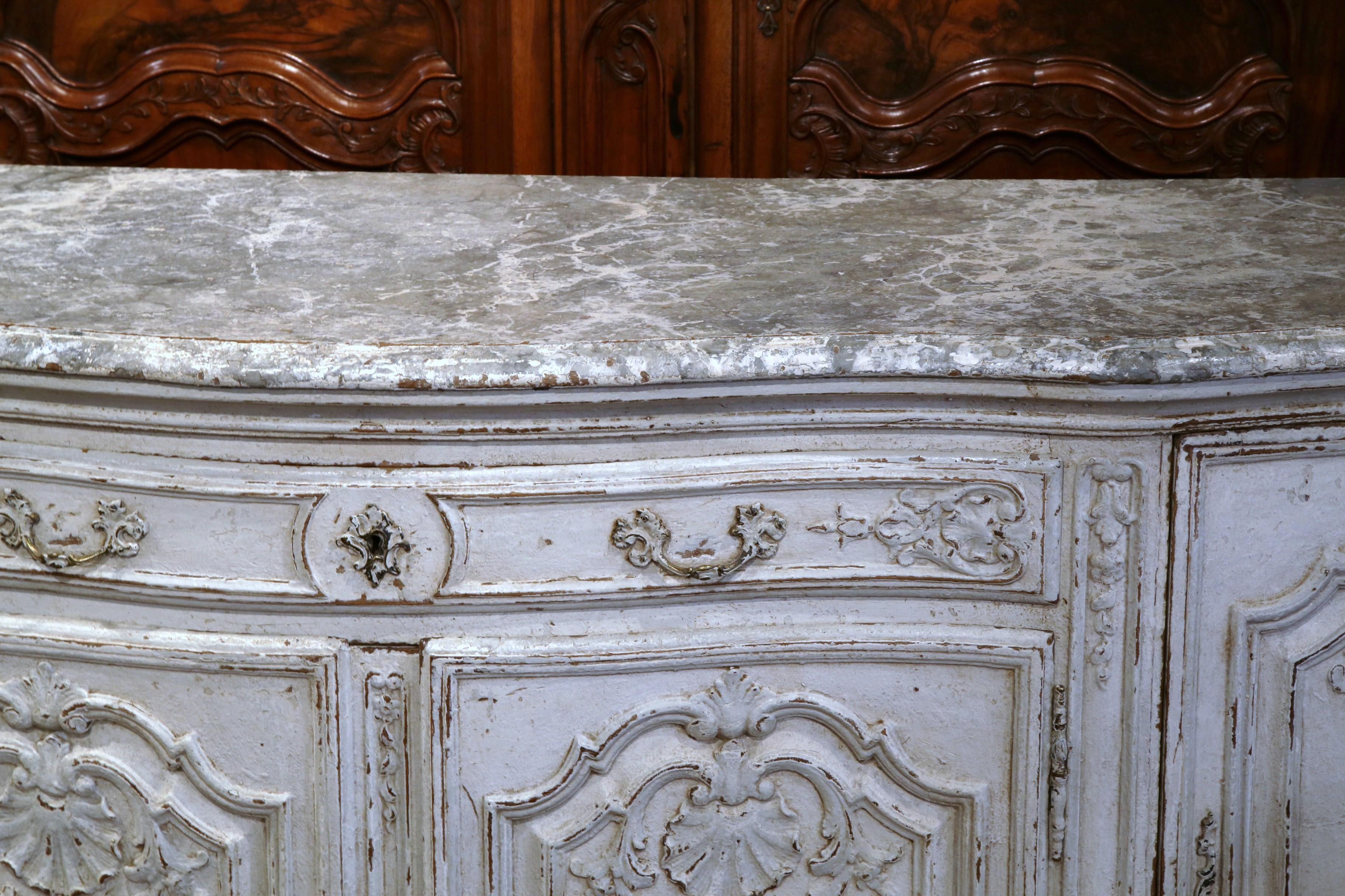 Hand-Carved 19th Century French Regence Carved Painted Four-Door Buffet with Faux Marble Top