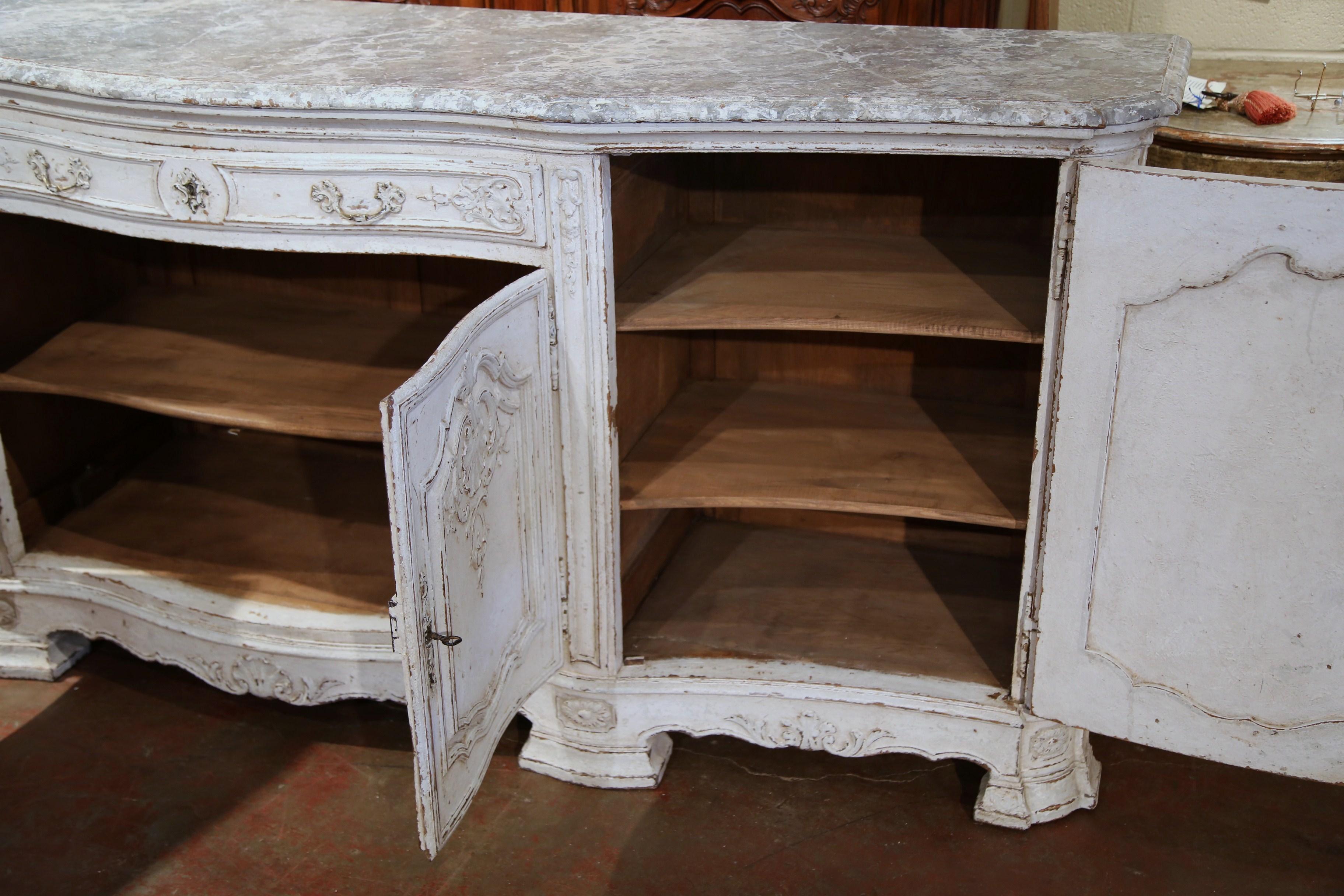 19th Century French Regence Carved Painted Four-Door Buffet with Faux Marble Top In Excellent Condition In Dallas, TX