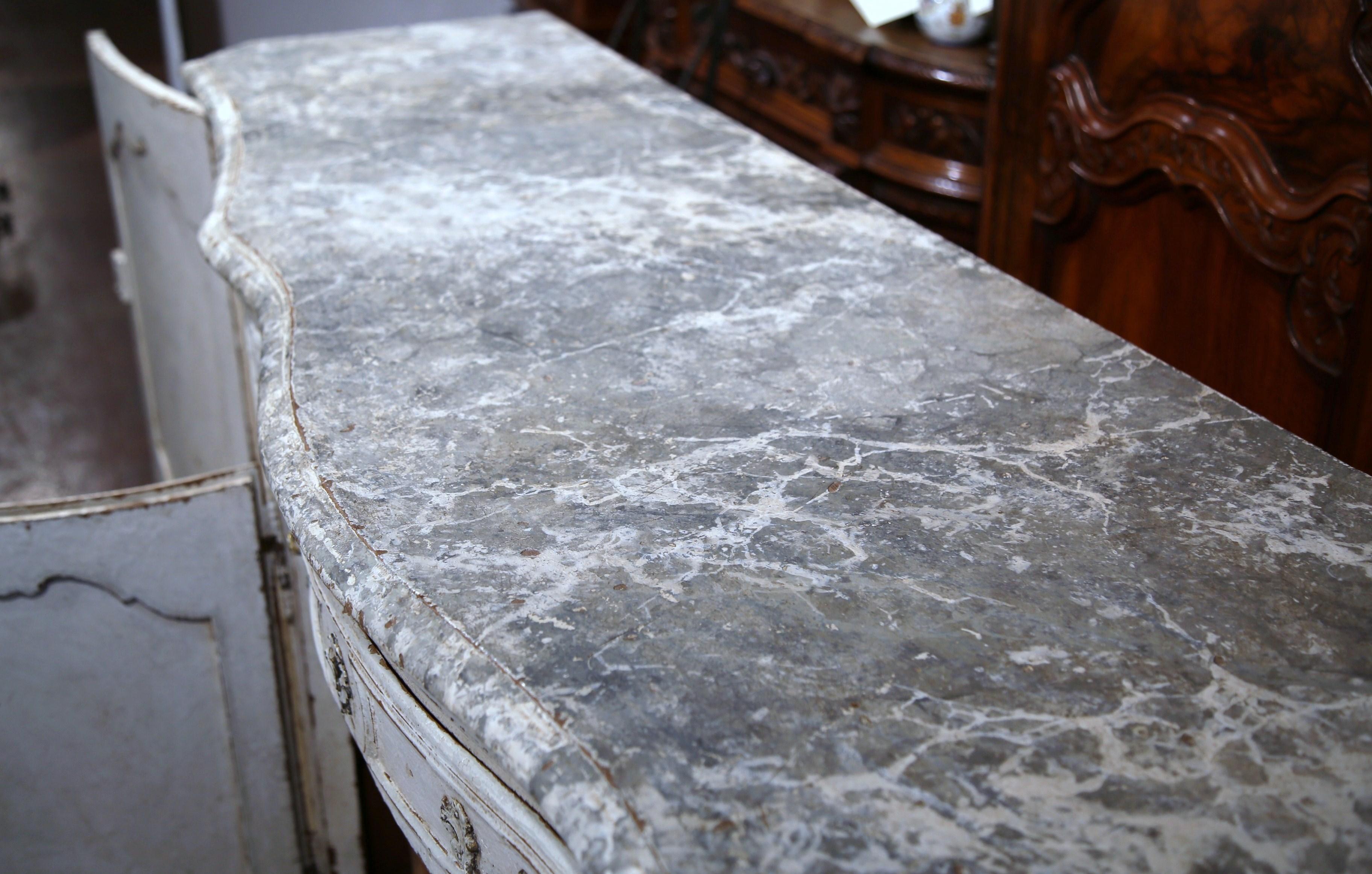 Oak 19th Century French Regence Carved Painted Four-Door Buffet with Faux Marble Top