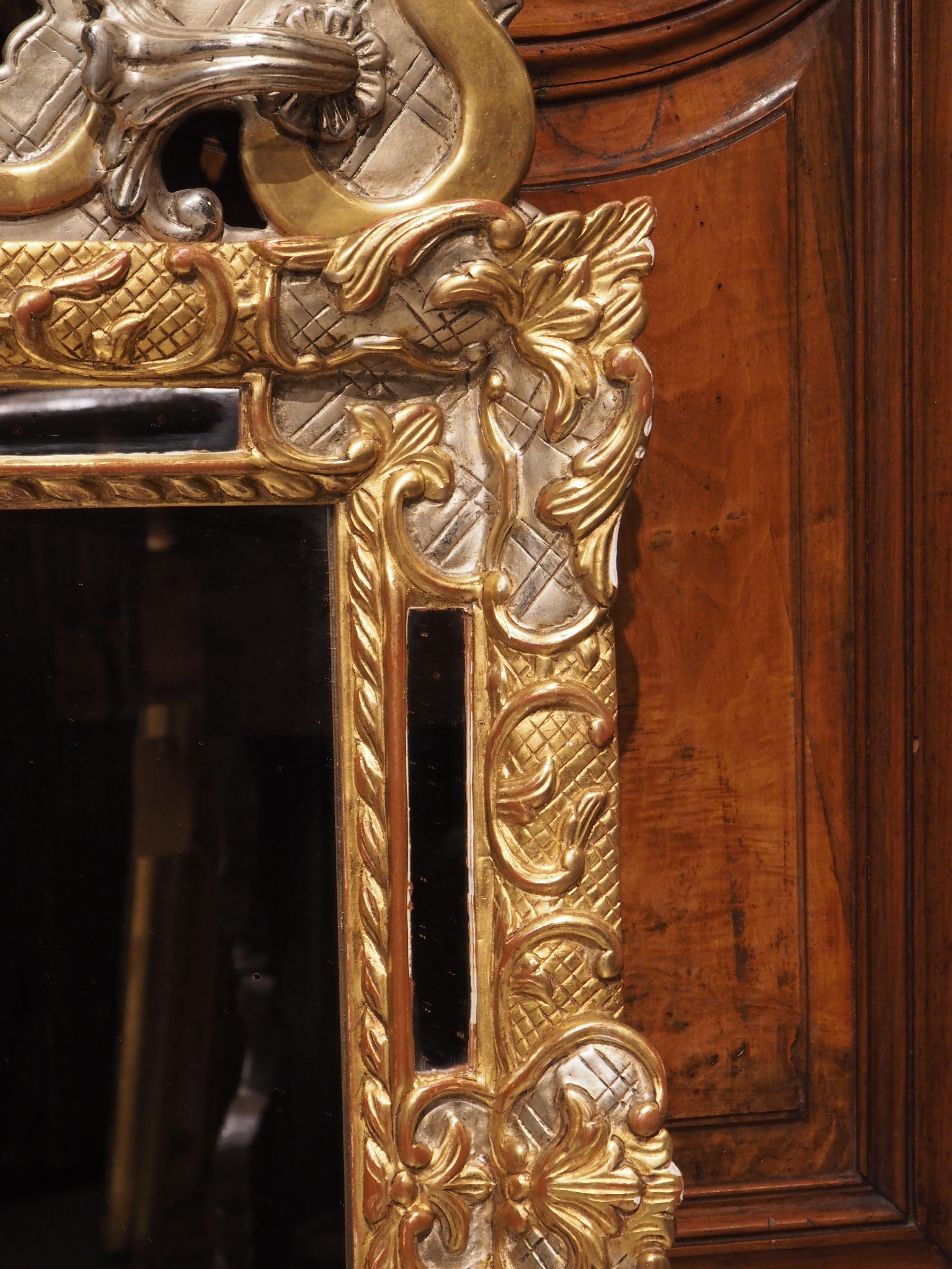 Hand-Carved 19th Century French Regence Style Silver and Gold Leaf Mirror 