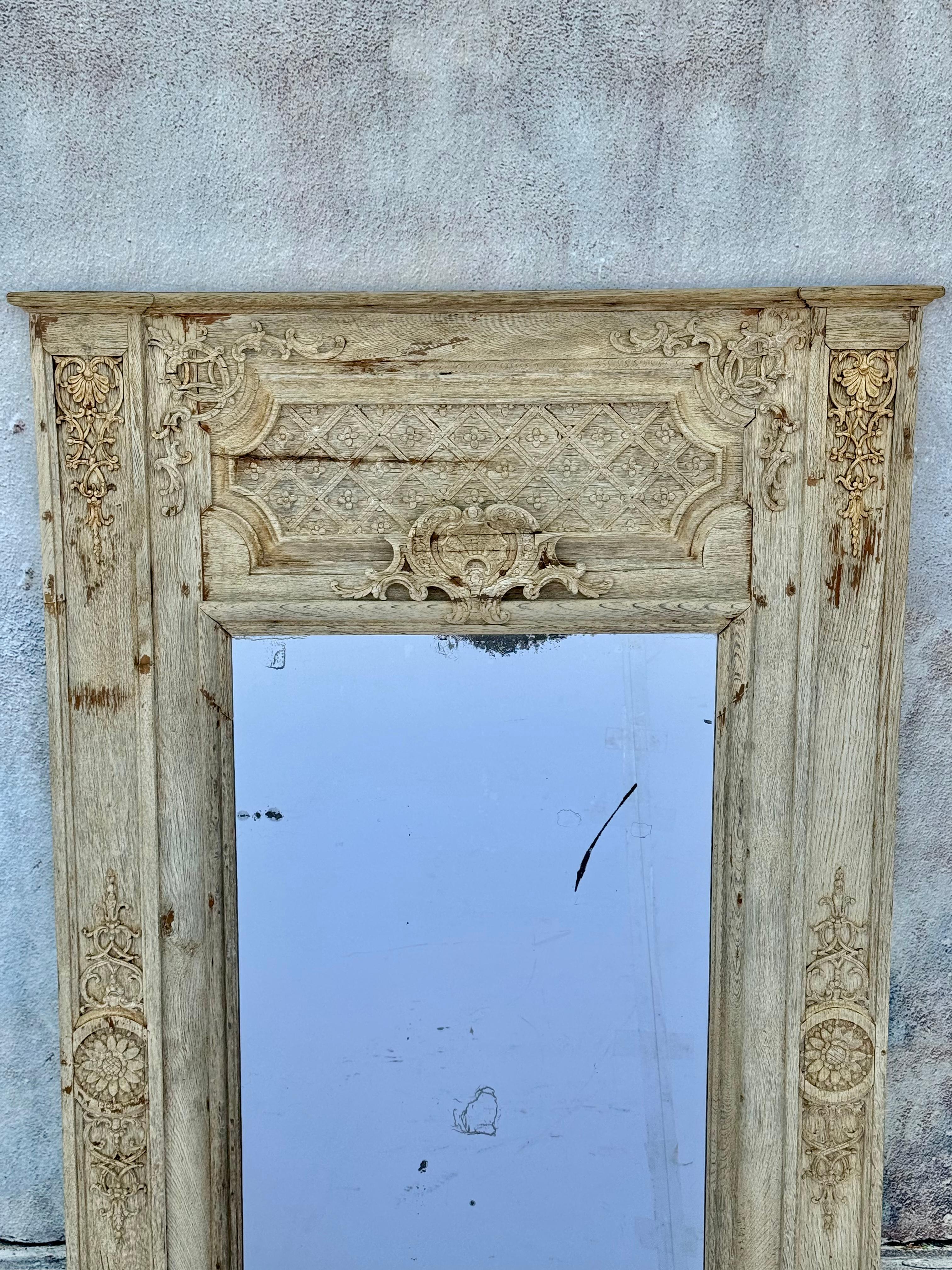 19th Century French Regency Bleached Oak Trumeau Mirror In Good Condition In Bradenton, FL