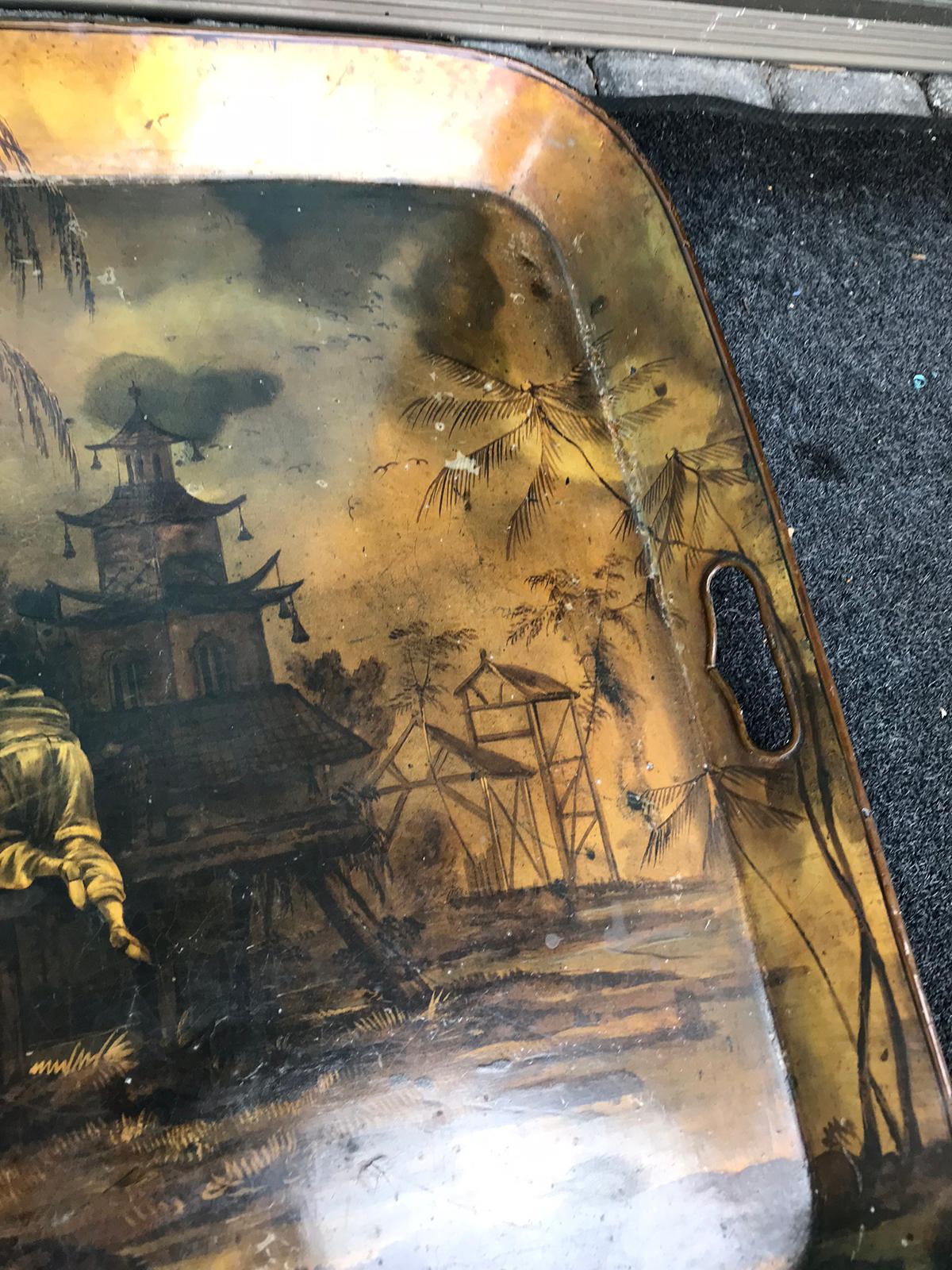 Tôle 19th Century French Regency Chinoiserie Tole Tray of Garden Scene