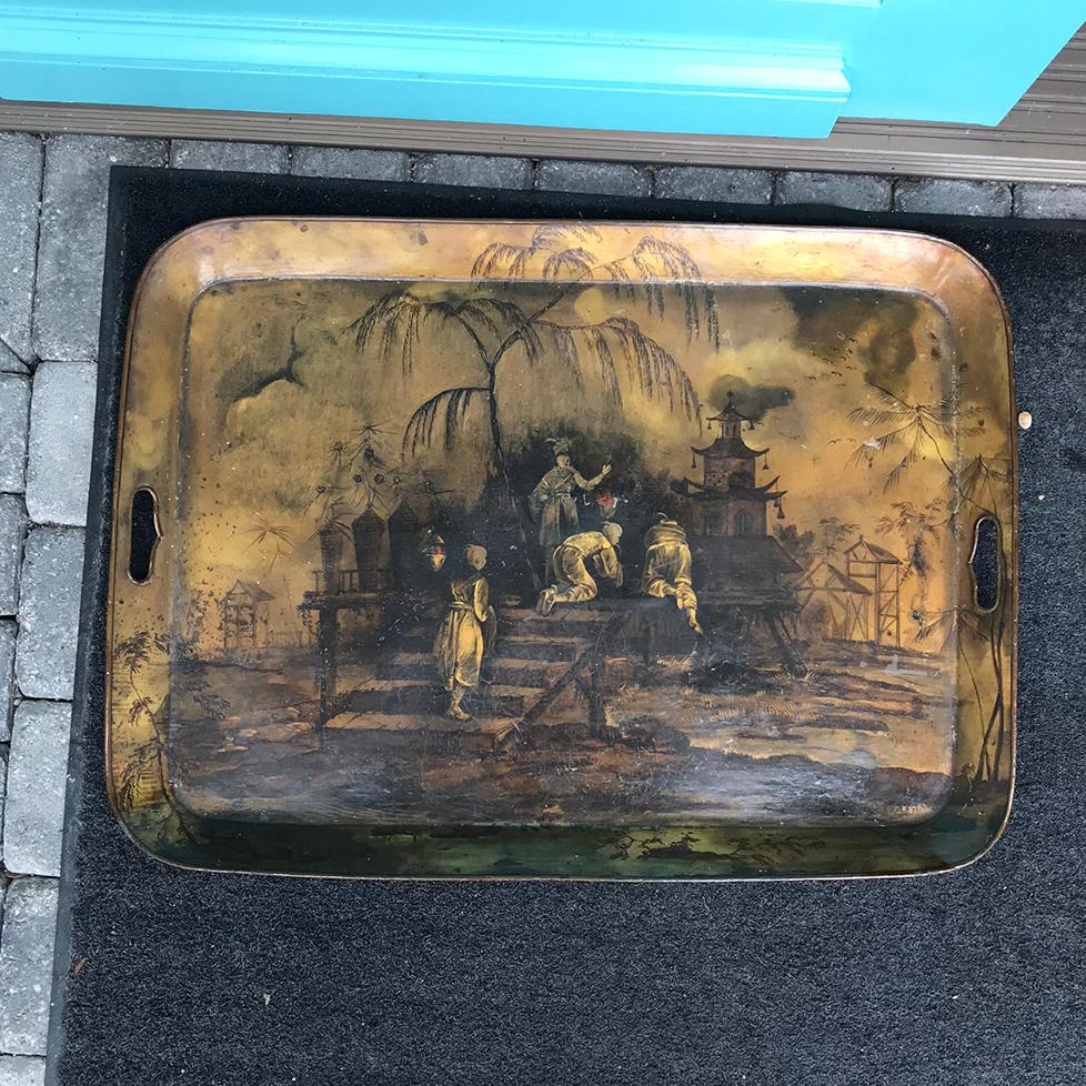 19th Century French Regency Chinoiserie Tole Tray of Garden Scene 1