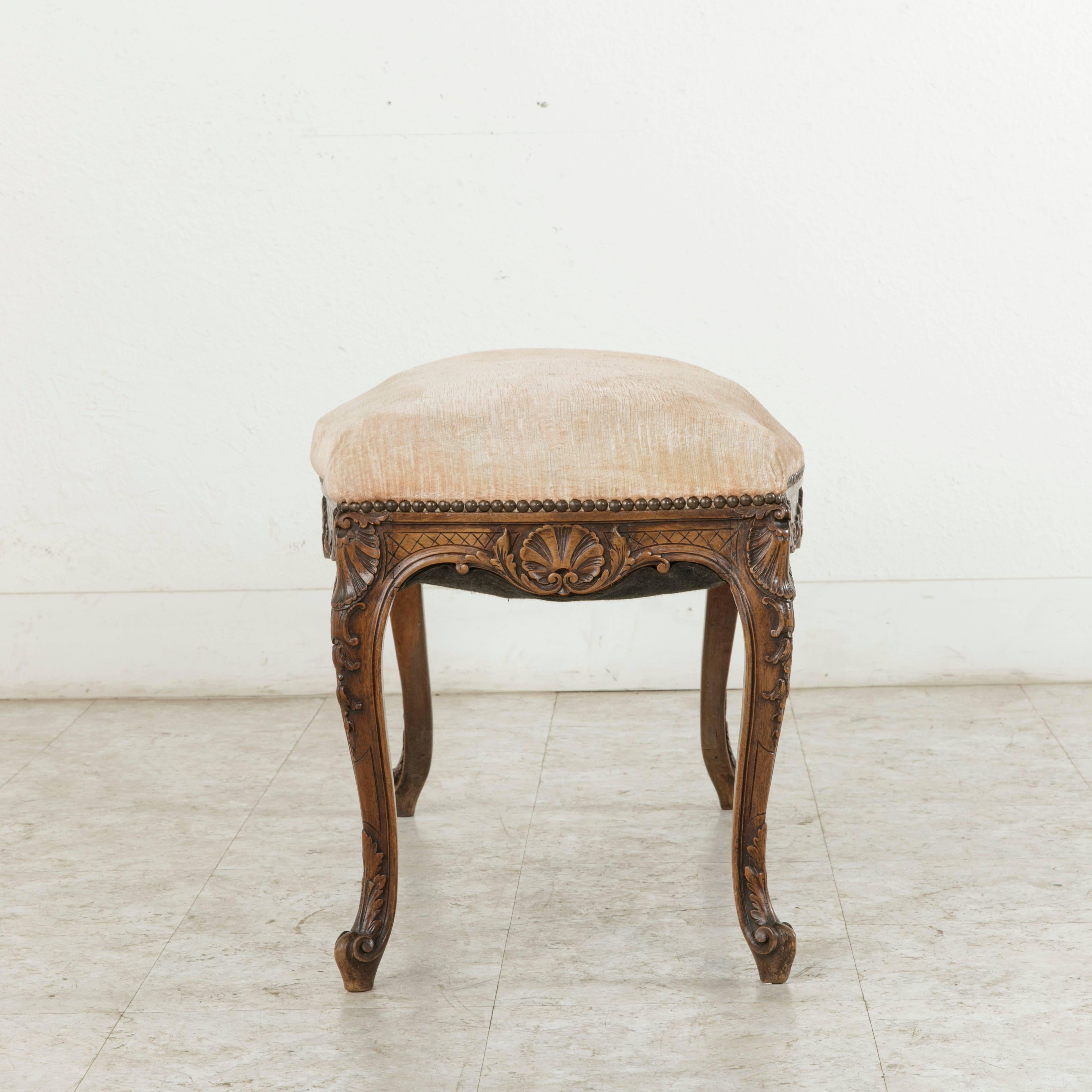 Upholstery 19th Century French Regency Style Hand-Carved Walnut Piano Bench Banquette Stool