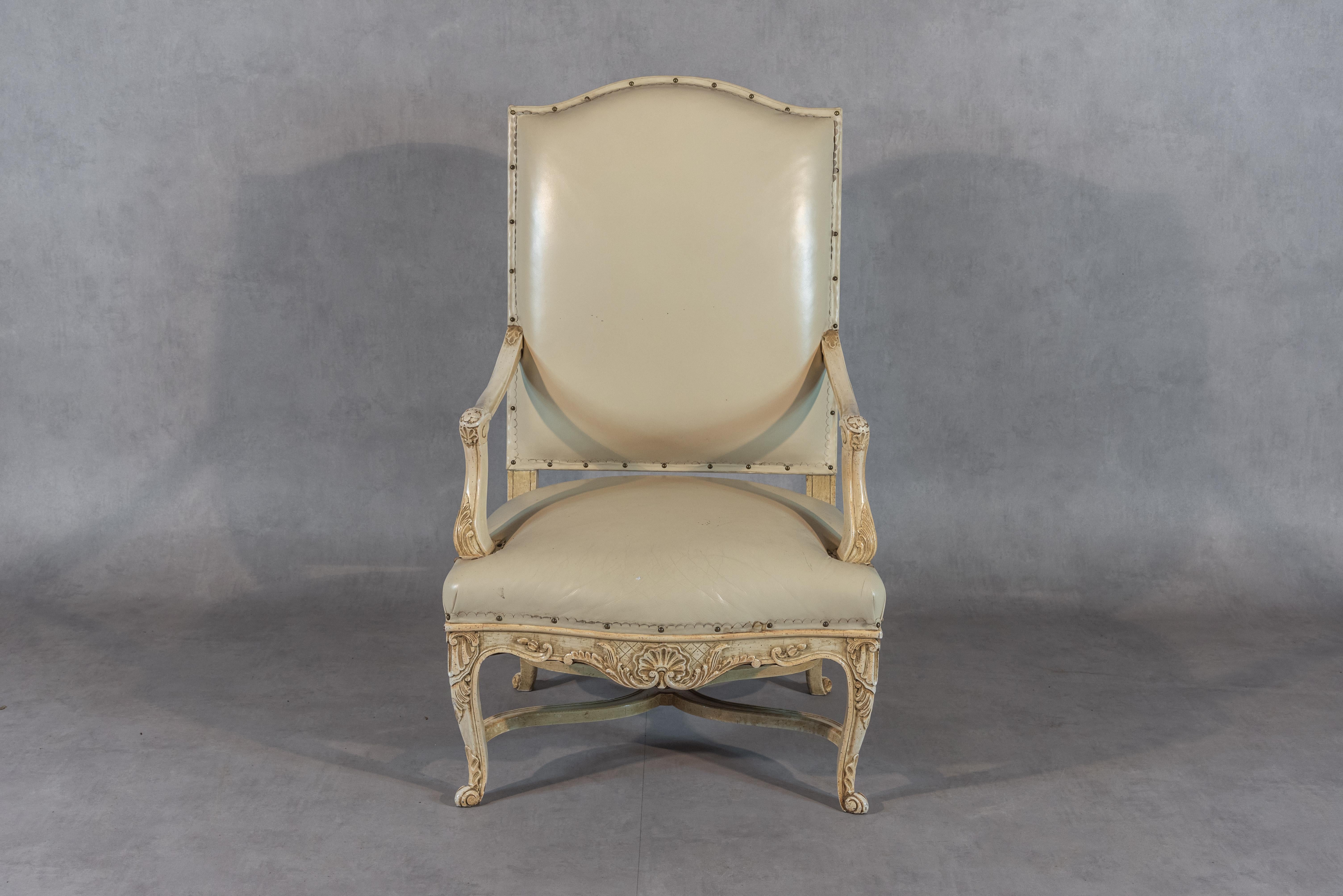 Leather 19th Century French Regency Style Oak Armchairs