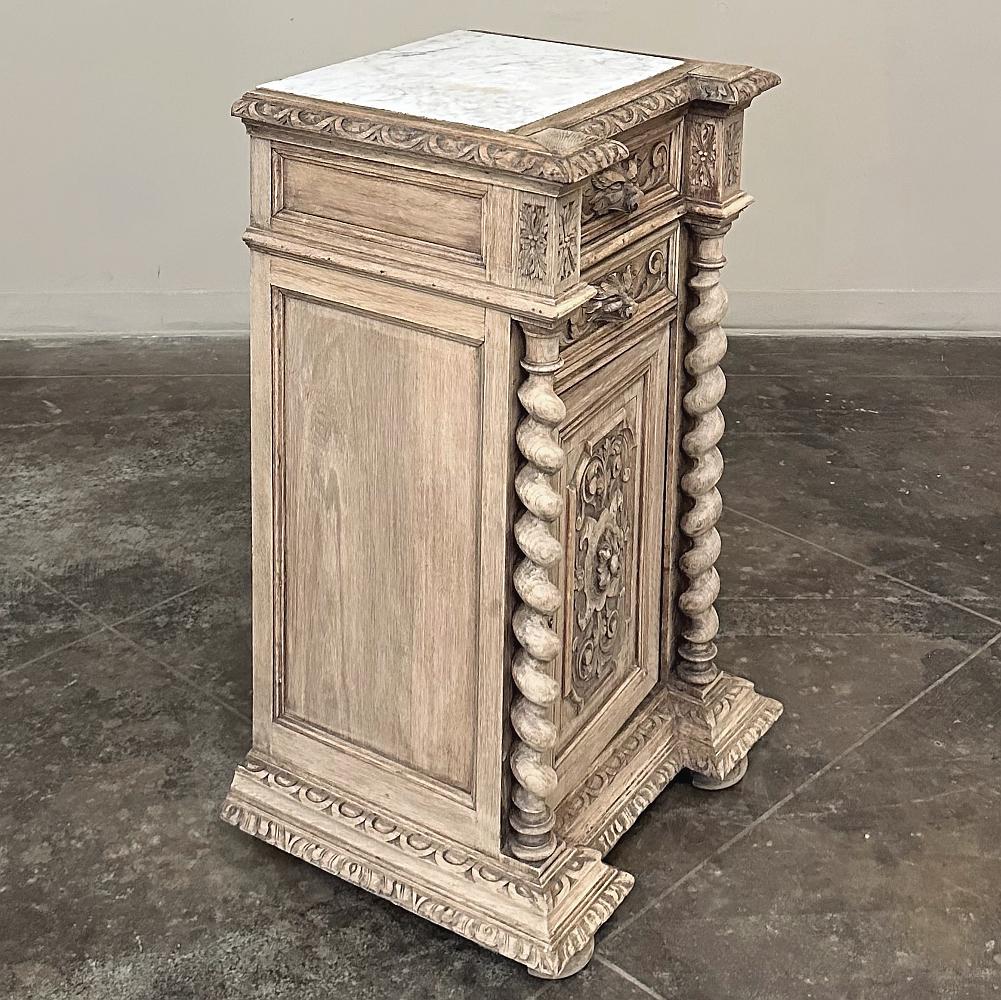 Hand-Carved 19th Century French Renaissance Barley Twist Nightstand with Carrara Marble