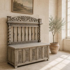 19th Century French Renaissance Barley Twist Stripped Oak Hall Bench Trunk