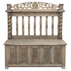 19th Century French Renaissance Barley Twist Stripped Oak Hall Bench Trunk