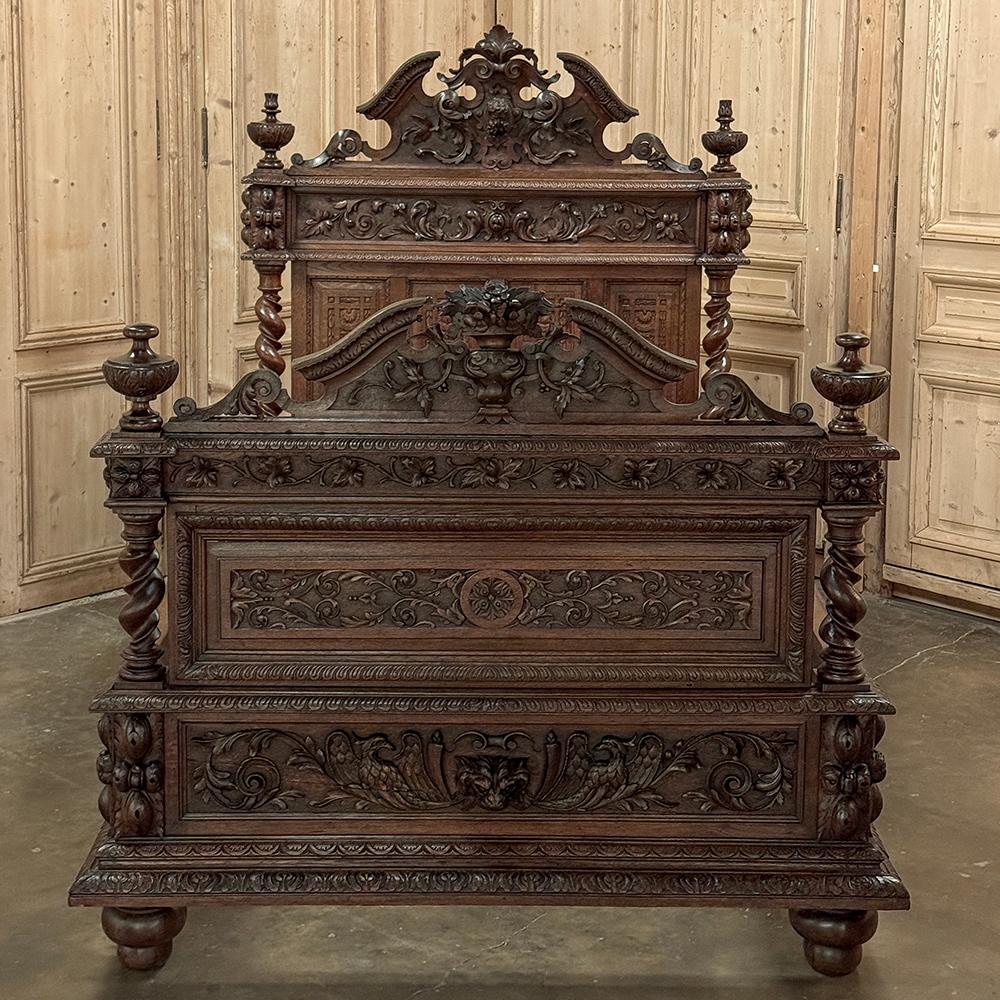 19th Century French Renaissance Bed is a marvel of the wood sculptor's art!  With detail too abundant to fully explore in this description, it is a testament to a talented artist capable of rendering both naturalistic and stylized interpretations of