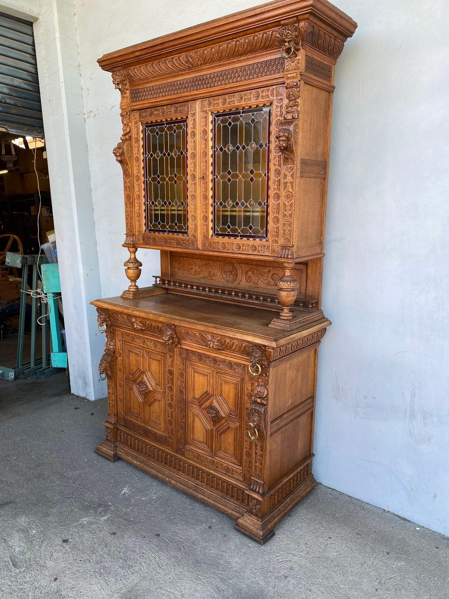 19th Century French Renaissance Buffet Victorian Carved Lion Cabinet Vitrine In Excellent Condition In Van Nuys, CA