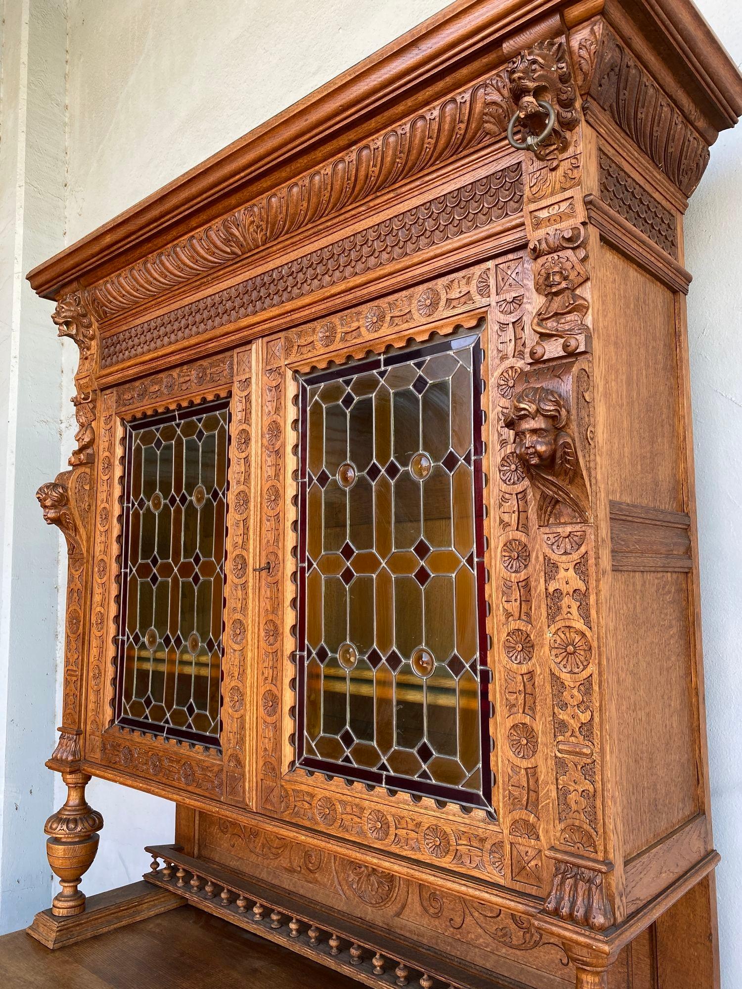Oak 19th Century French Renaissance Buffet Victorian Carved Lion Cabinet Vitrine