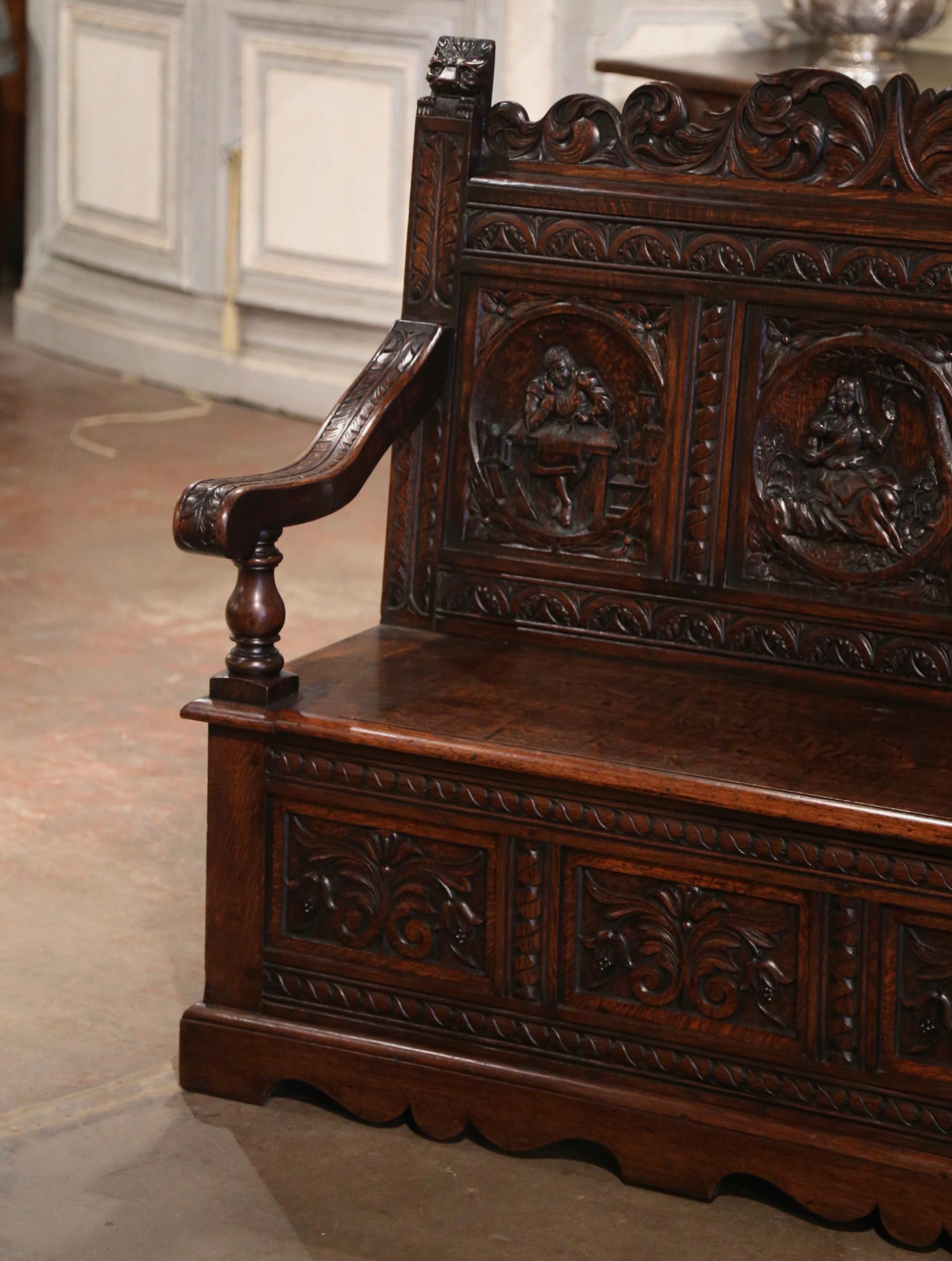 Hand-Carved 19th Century French Renaissance Carved Oak Bench with Figural Motifs For Sale