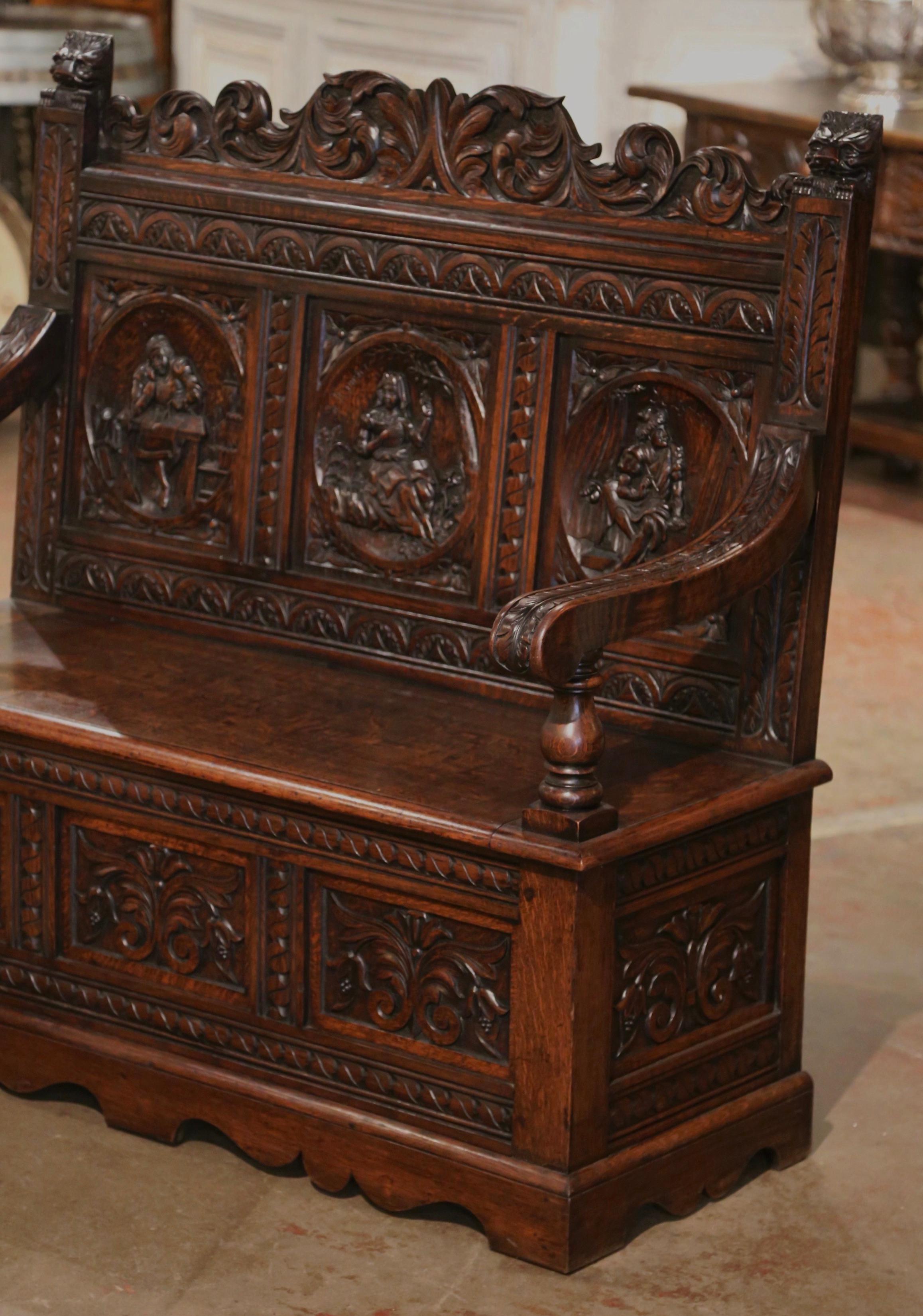 19th Century French Renaissance Carved Oak Bench with Figural Motifs In Excellent Condition For Sale In Dallas, TX