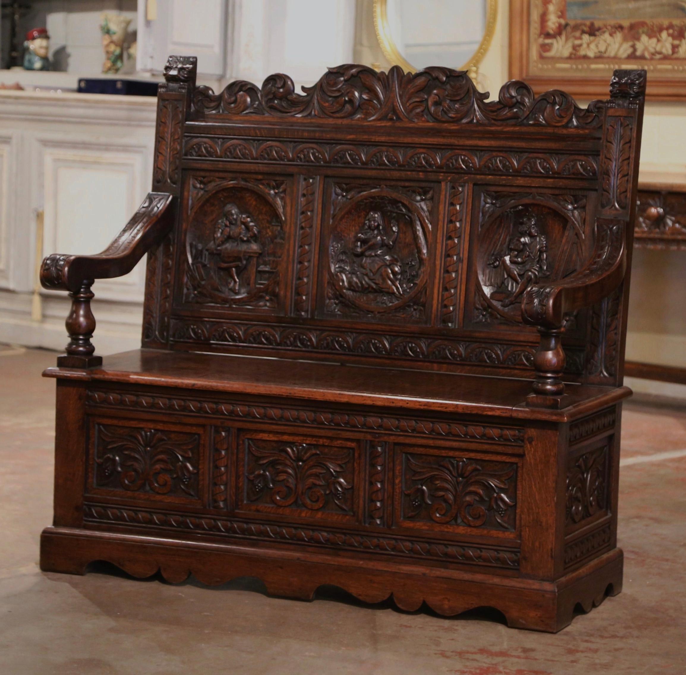 19th Century French Renaissance Carved Oak Bench with Figural Motifs For Sale 1